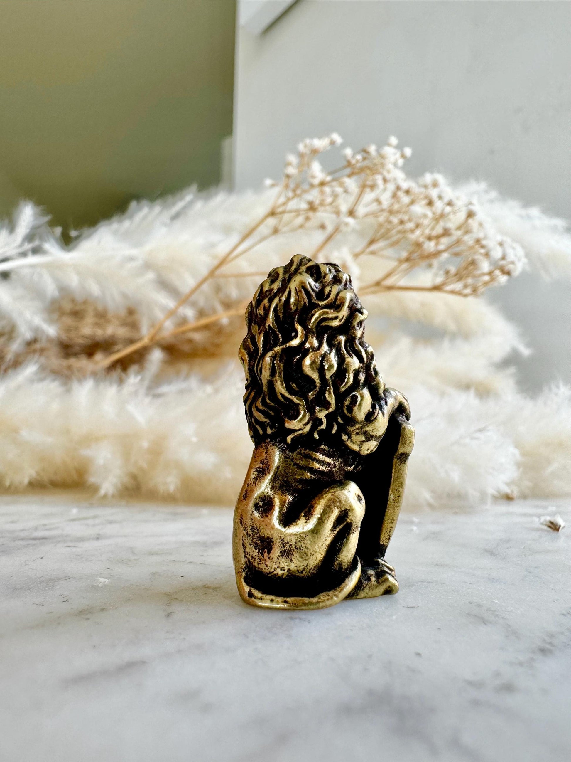 Traditional Style Solid Brass Lion Figurine, King Lion Casting, Decorative Collectible Brass Statue, Welcome Home Lion Decor Accent