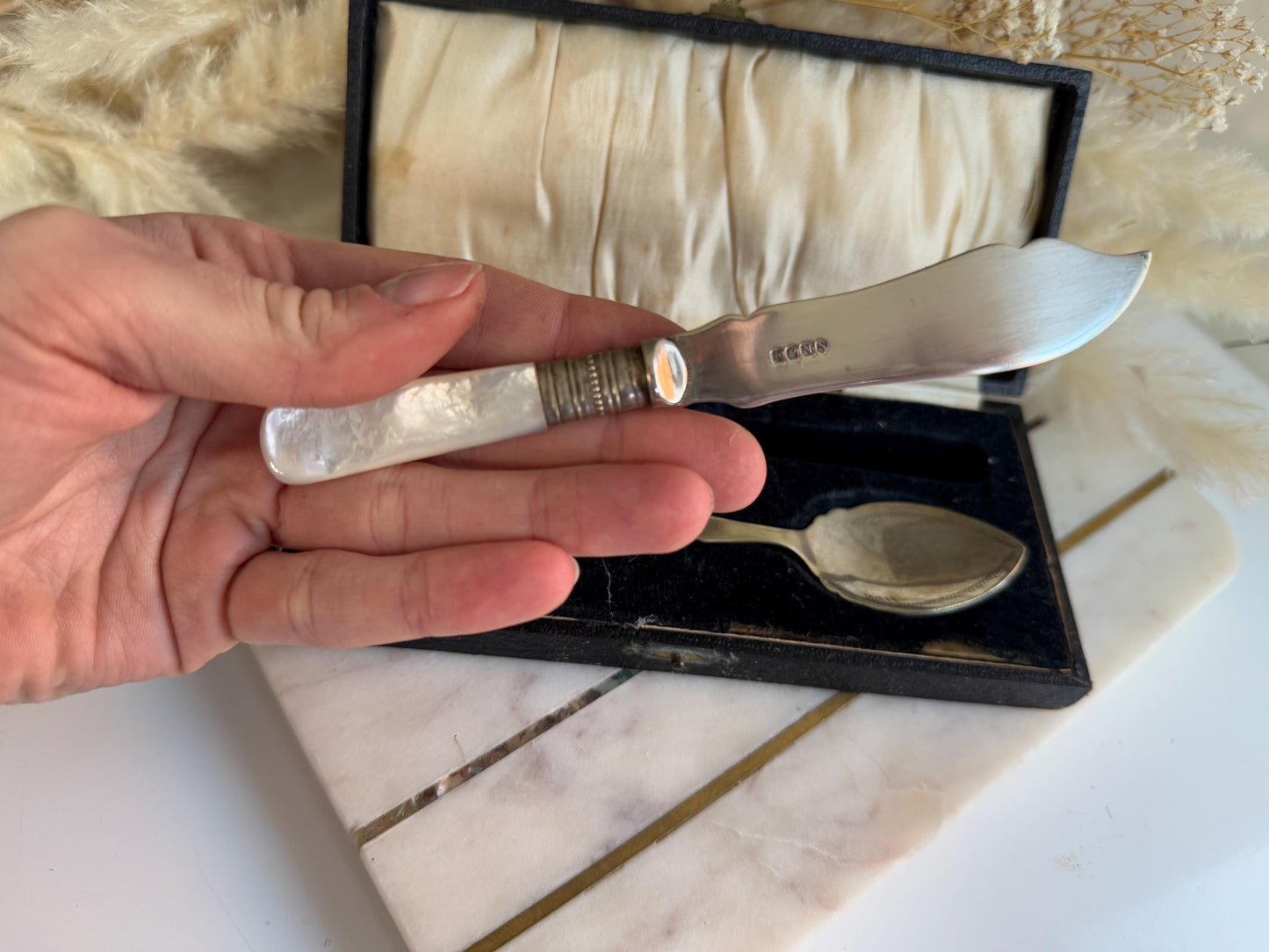 Antique English Silver plated EPNS and Mother of Pearl Boxed Breakfast Set: Jam Spoon, Butter Knife in original box