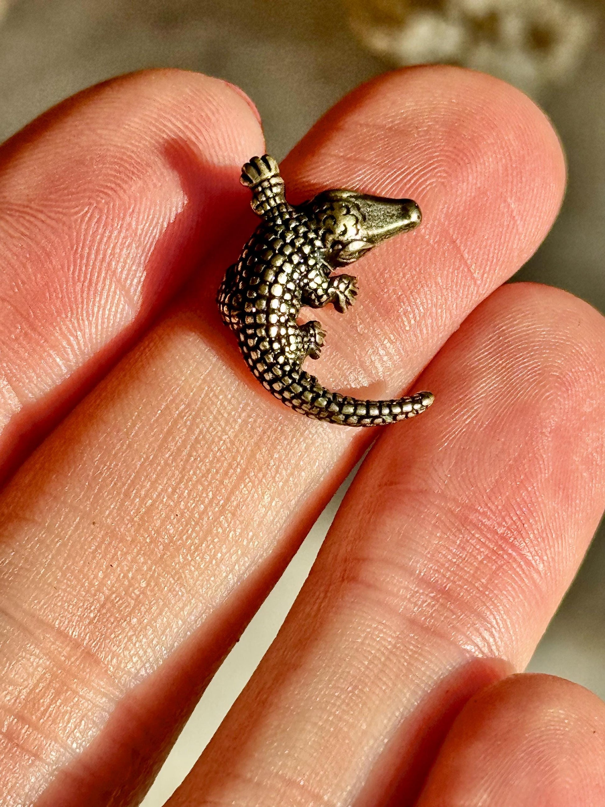 Tiny Brass alligator statue mini metal crocodile figurine, predator metal art, croco gift for animal lovers