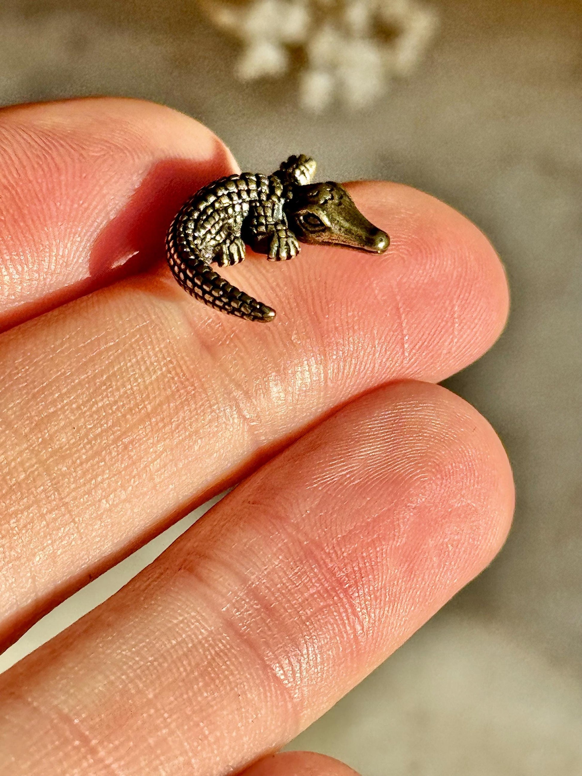 Tiny Brass alligator statue mini metal crocodile figurine, predator metal art, croco gift for animal lovers