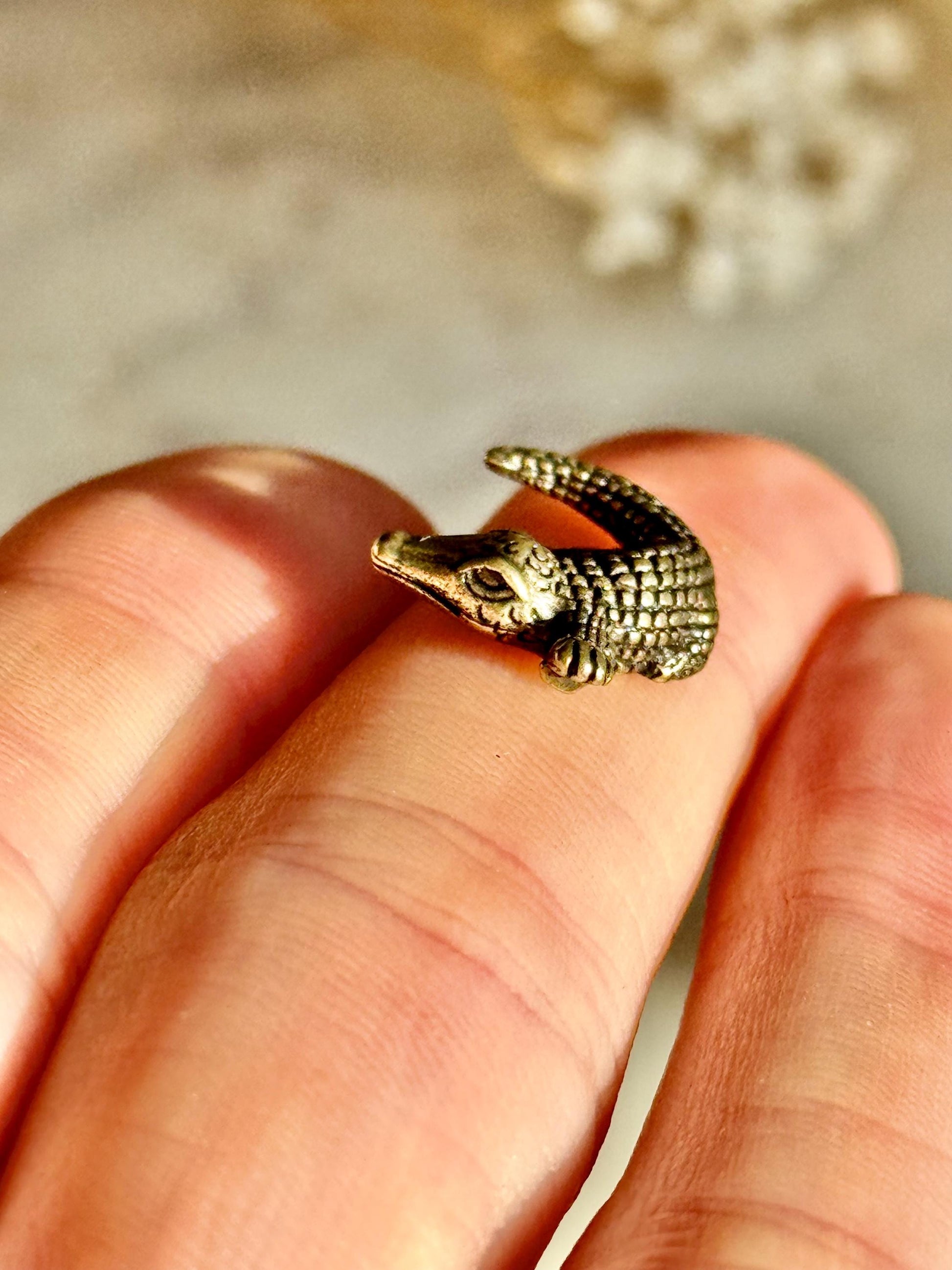 Tiny Brass alligator statue mini metal crocodile figurine, predator metal art, croco gift for animal lovers