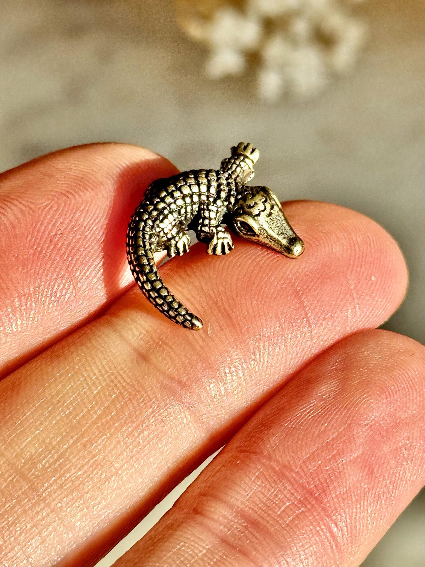 Tiny Brass alligator statue mini metal crocodile figurine, predator metal art, croco gift for animal lovers