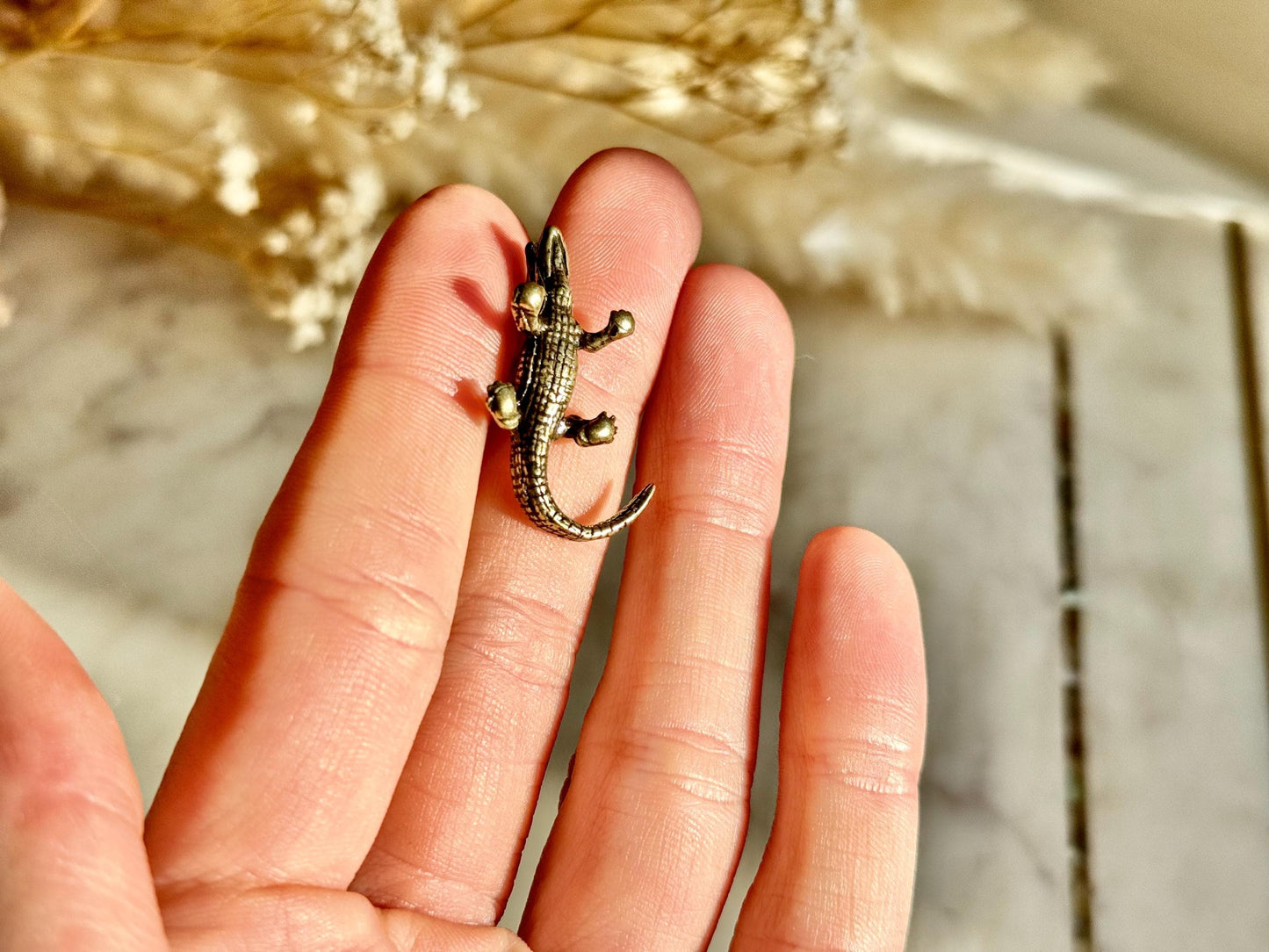 Tiny Brass alligator statue mini metal crocodile figurine, predator metal art, croco gift for animal lovers