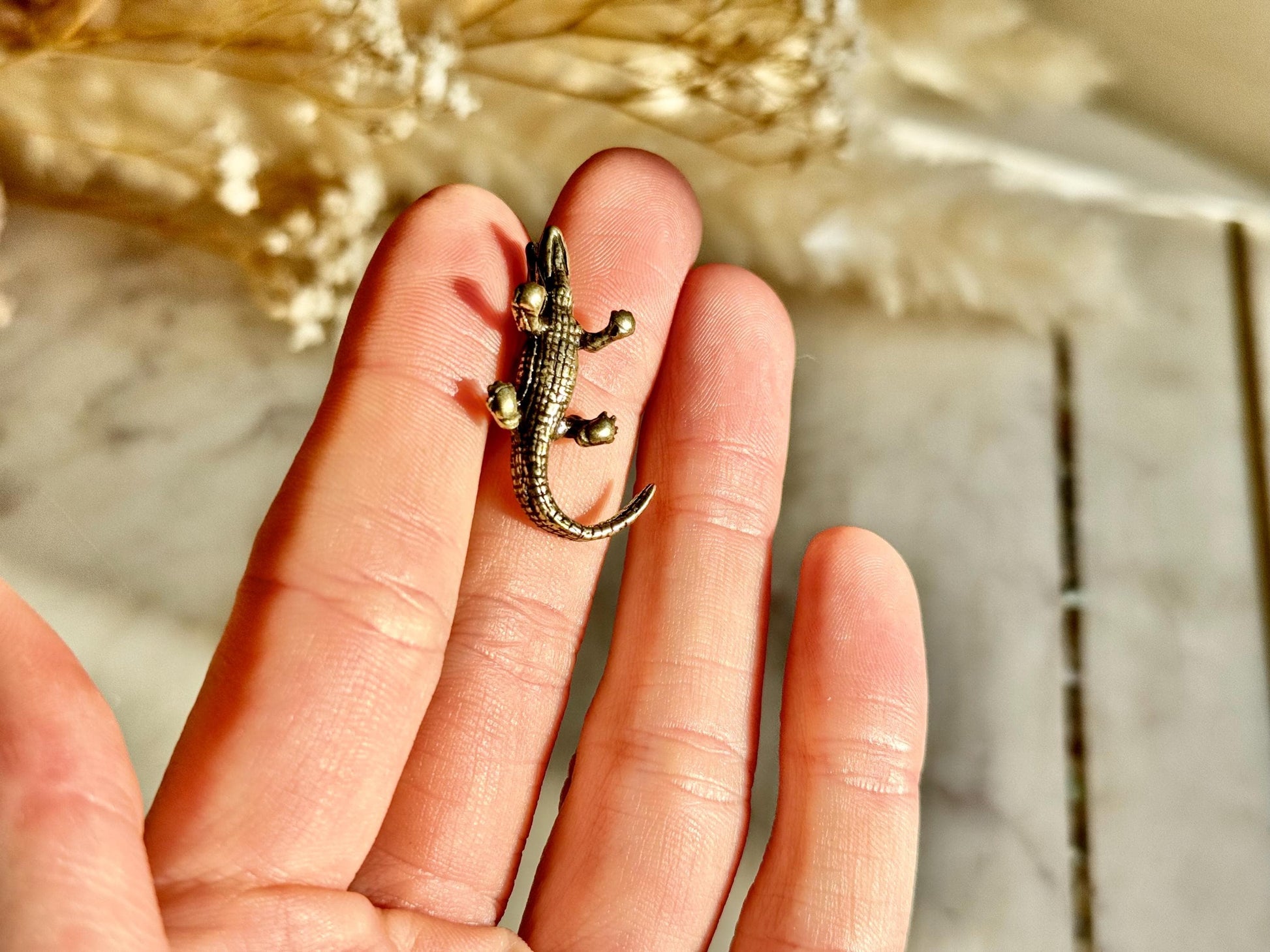 Tiny Brass alligator statue mini metal crocodile figurine, predator metal art, croco gift for animal lovers