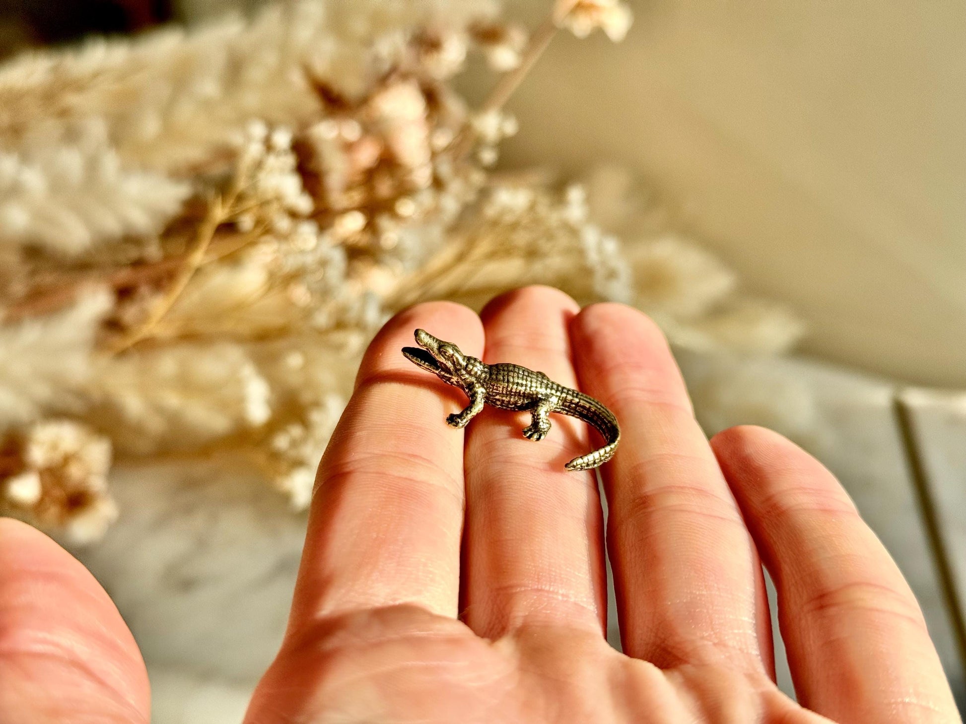 Tiny Brass alligator statue mini metal crocodile figurine, predator metal art, croco gift for animal lovers