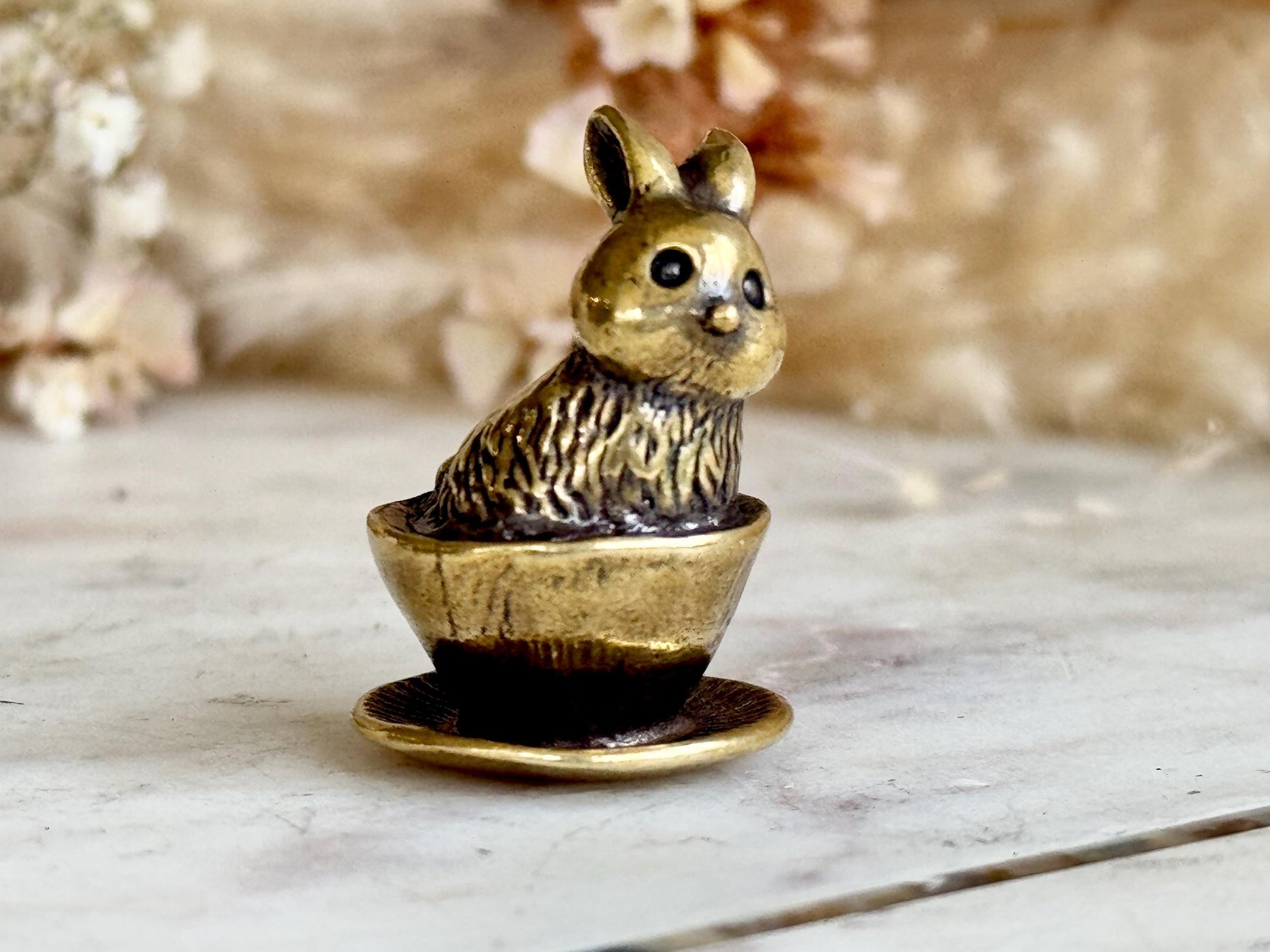 Adorable solid brass kitten in a cup statuette, little metal cat figurine, cute little Persian kitty miniature, thoughtful gift cat lover