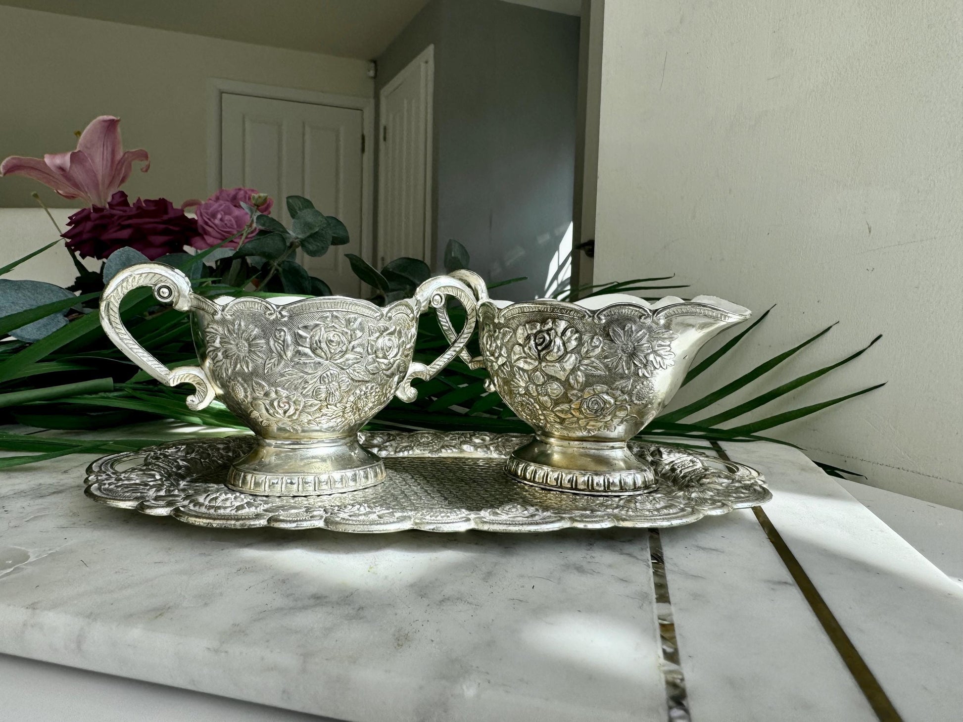 Vintage Silver Embossed Cream and Sugar Set with White Enamel Interior on Matching Tray – Elegant Silver Kitchen Decor for Serving