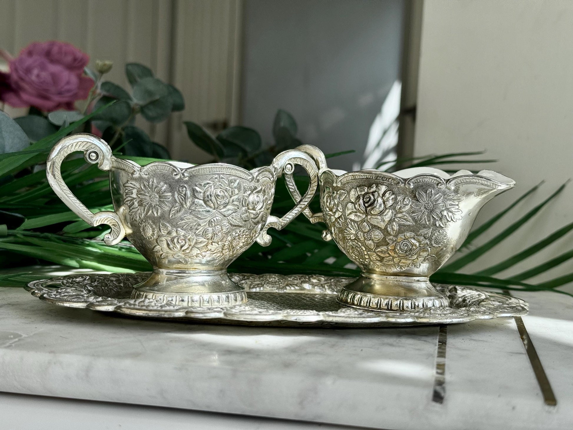 Vintage Silver Embossed Cream and Sugar Set with White Enamel Interior on Matching Tray – Elegant Silver Kitchen Decor for Serving