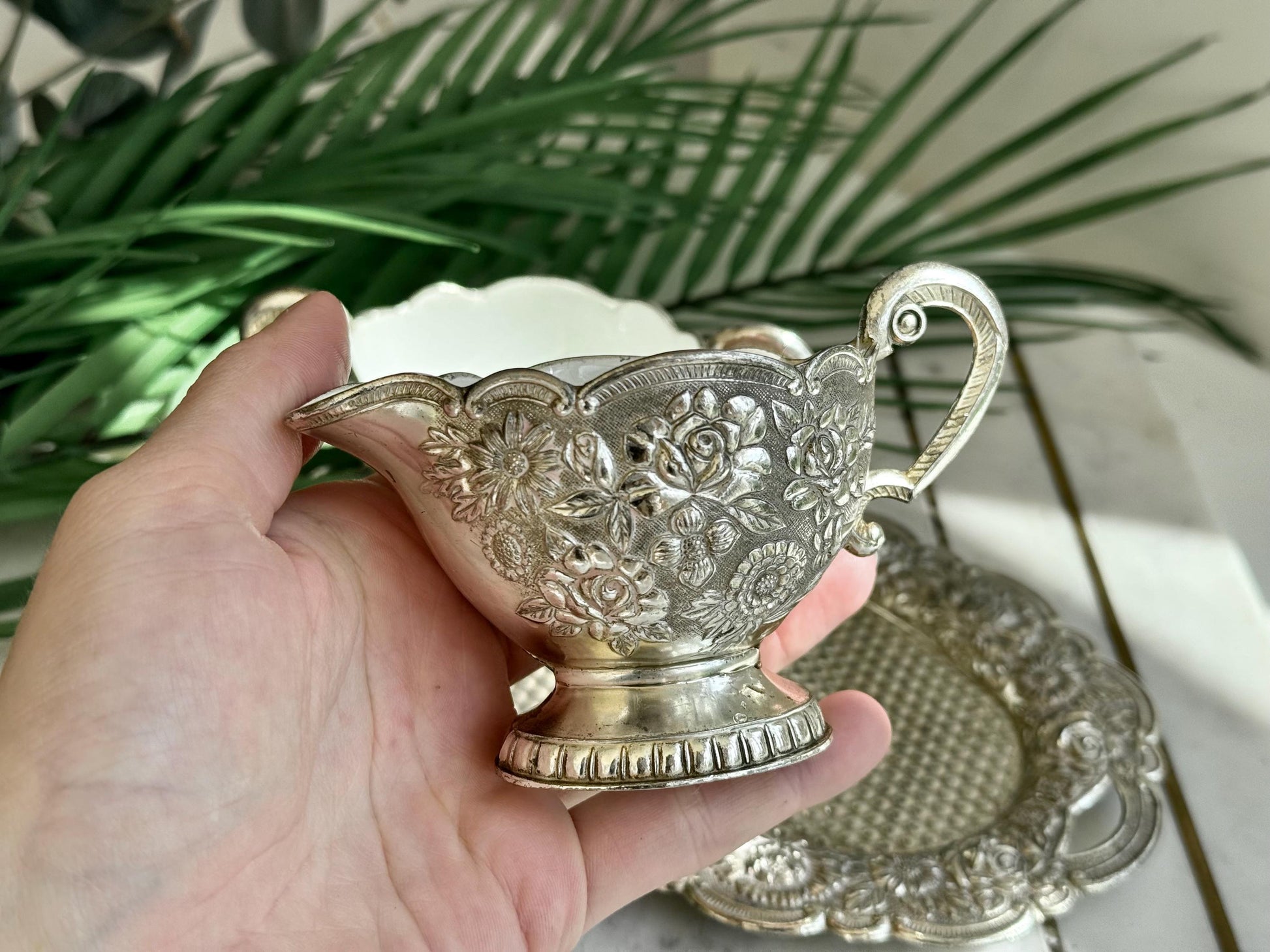 Vintage Silver Embossed Cream and Sugar Set with White Enamel Interior on Matching Tray – Elegant Silver Kitchen Decor for Serving