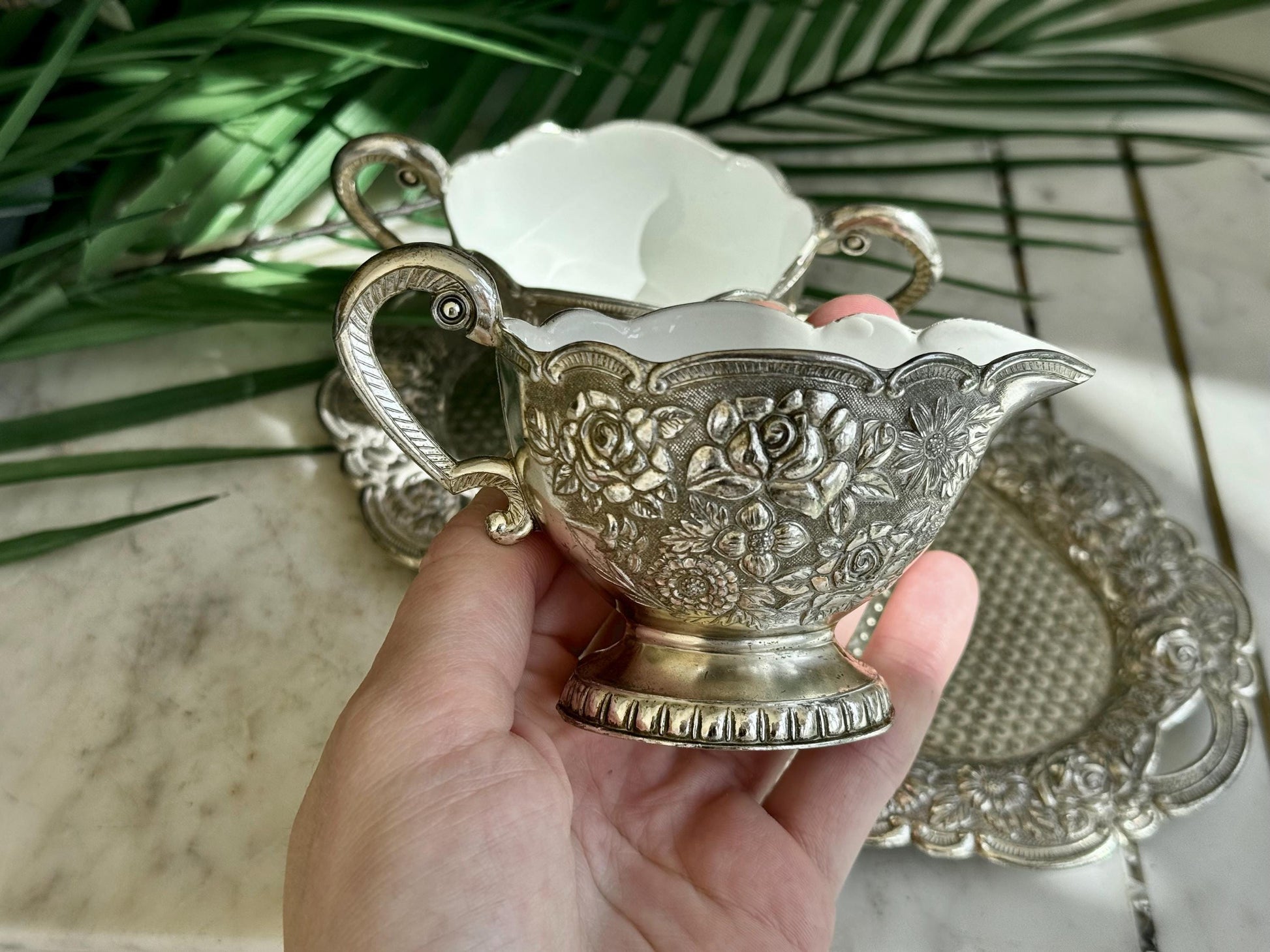 Vintage Silver Embossed Cream and Sugar Set with White Enamel Interior on Matching Tray – Elegant Silver Kitchen Decor for Serving
