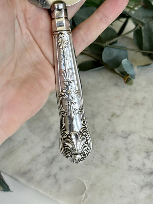 English Vintage Stainless Steel Weeding Knife, engraved pattern rectangular knife face carved handle cake cutter, Vintage Sheffield Knife