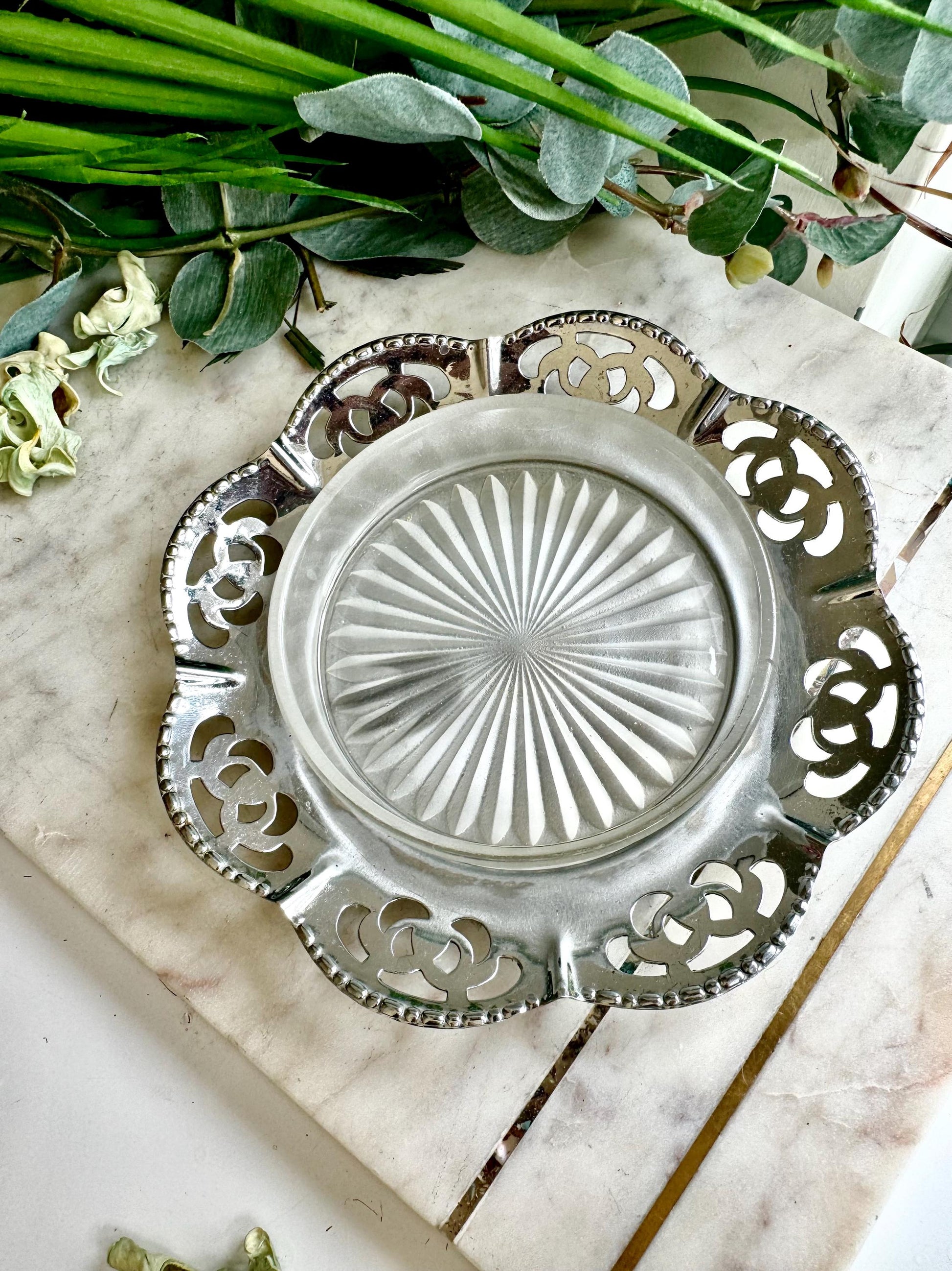 Vintage Small Cut Glass Dish Butter Dish With Metal Frame Saucer With Flower Design