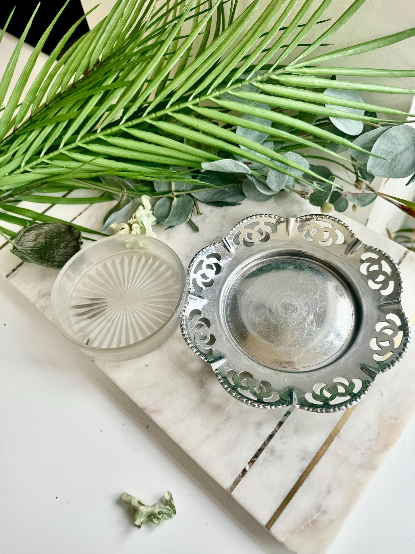 Vintage Small Cut Glass Dish Butter Dish With Metal Frame Saucer With Flower Design