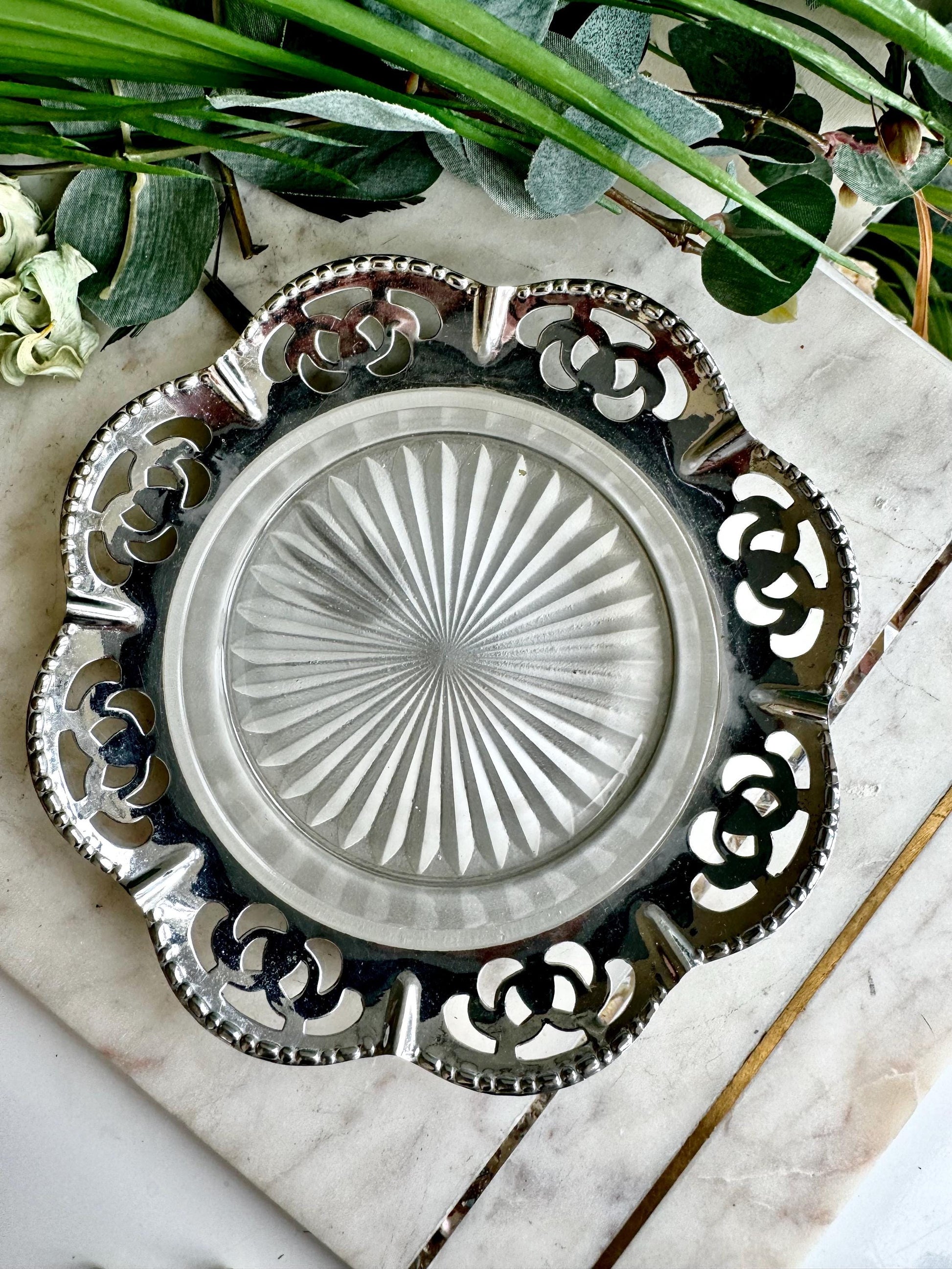 Vintage Small Cut Glass Dish Butter Dish With Metal Frame Saucer With Flower Design