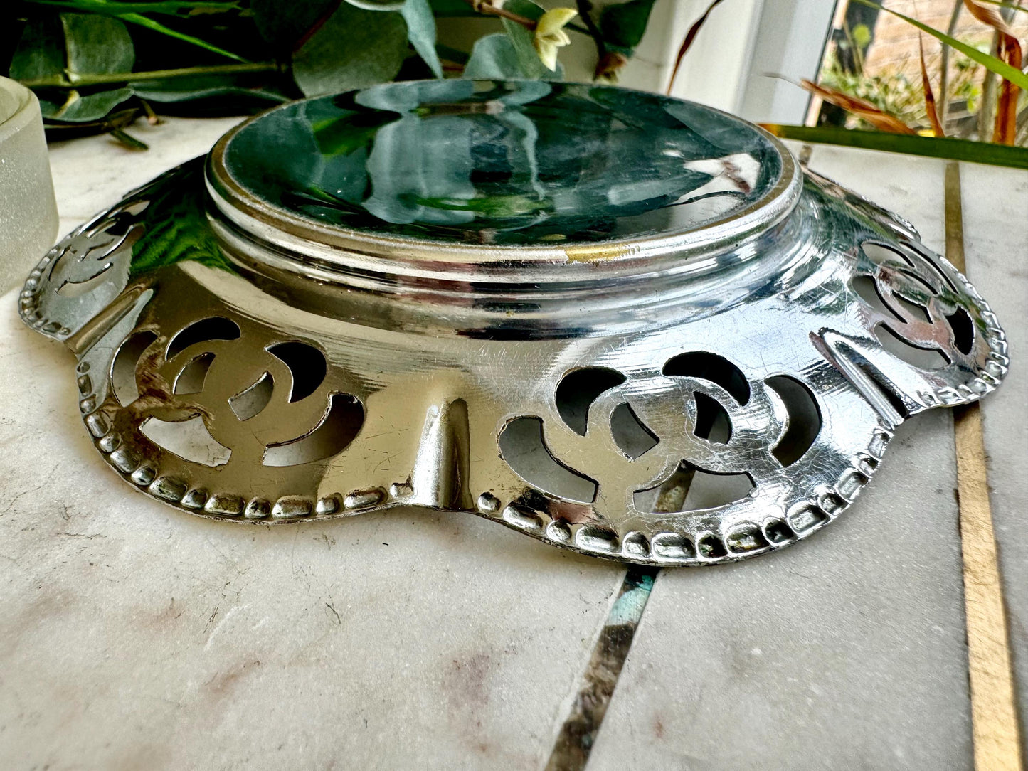 Vintage Small Cut Glass Dish Butter Dish With Metal Frame Saucer With Flower Design