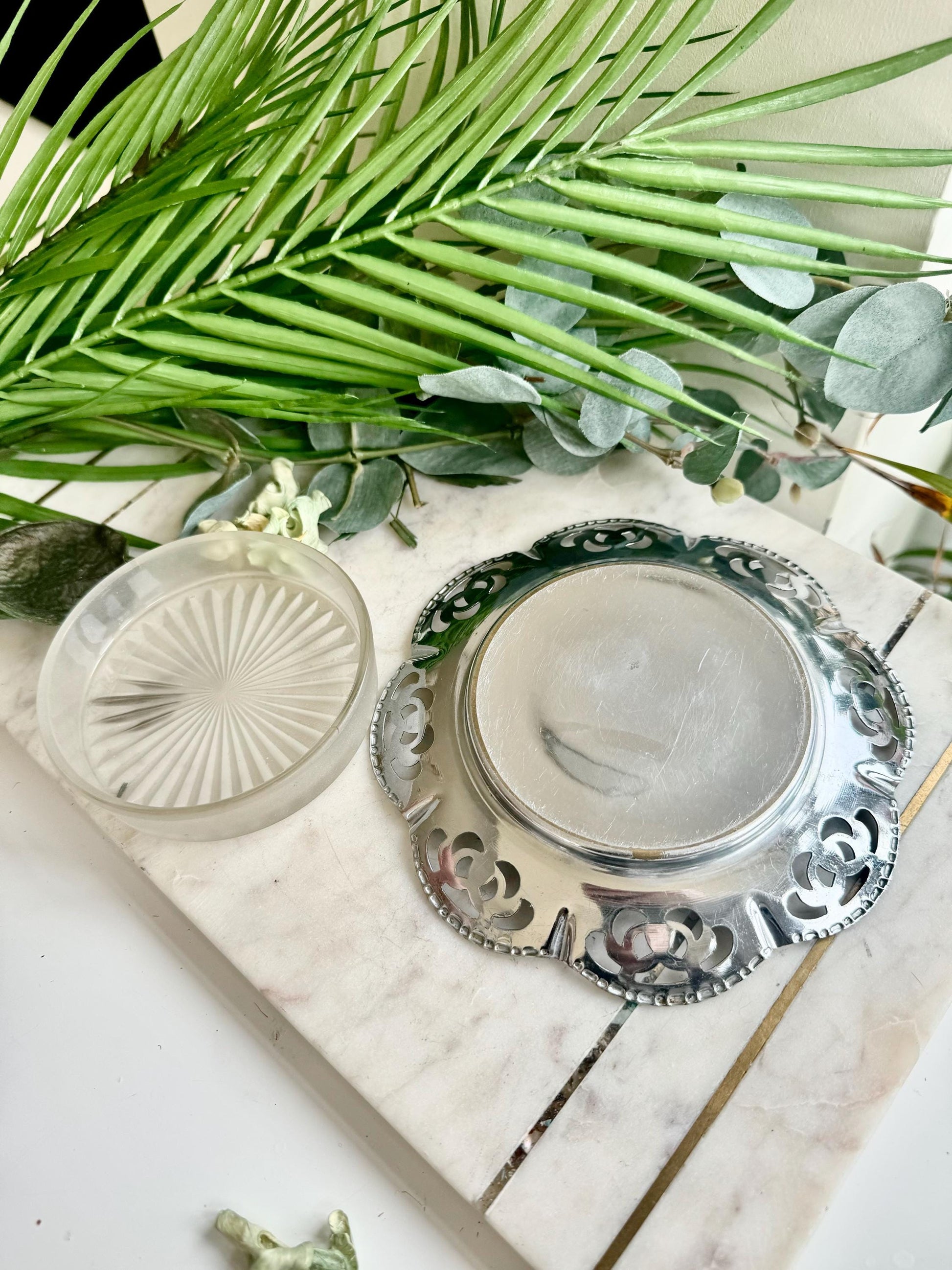 Vintage Small Cut Glass Dish Butter Dish With Metal Frame Saucer With Flower Design