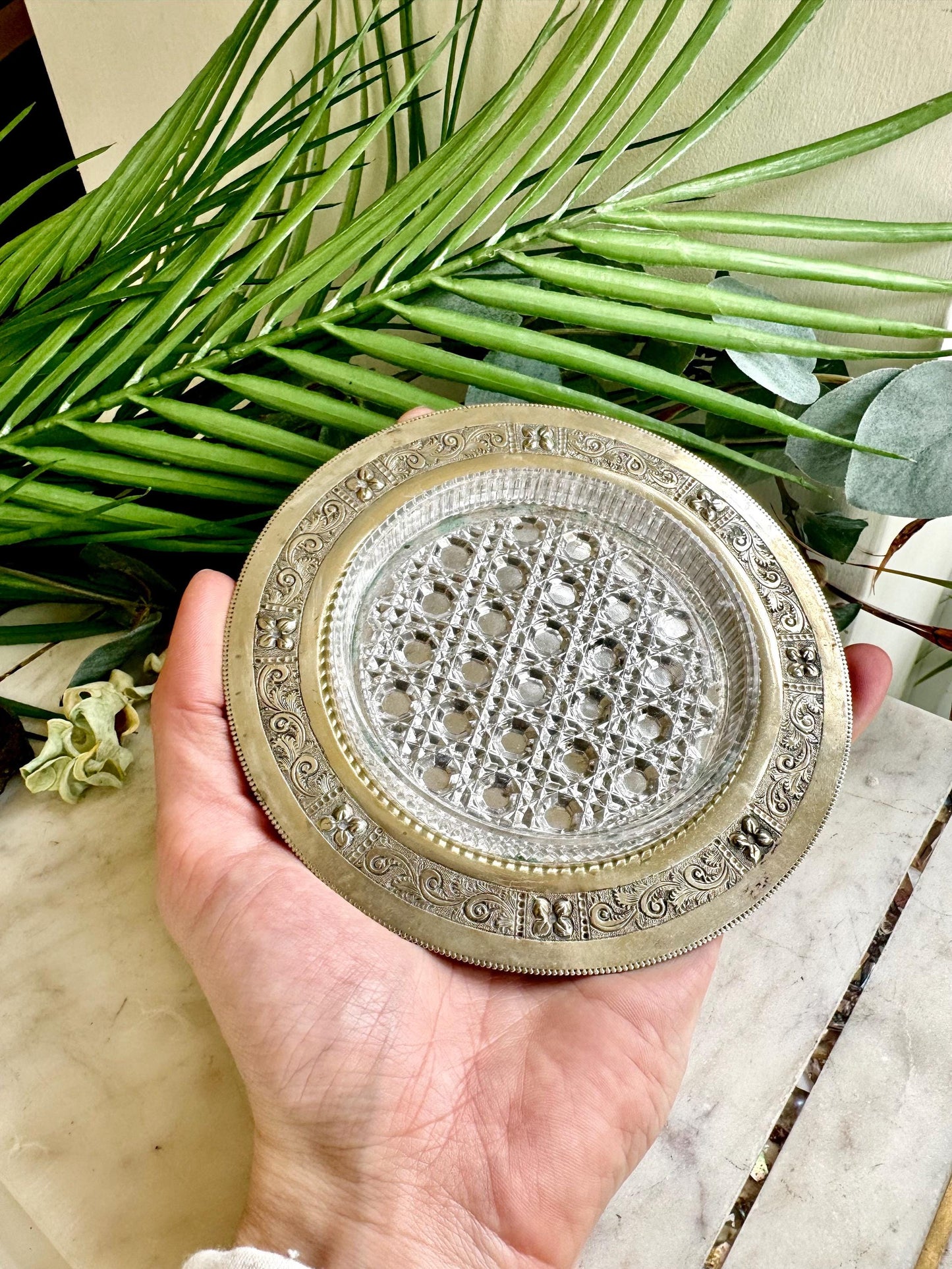 Vintage Clear Glass Starburst Silver Trim Ashtray Mid Century Shallow Dish