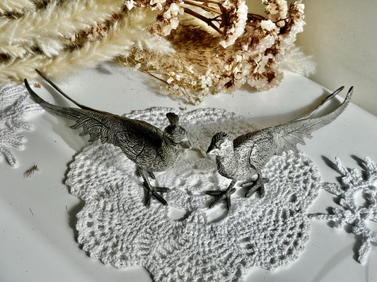 Vintage Large Centerpiece Silver Plated Pheasants, Vintage Metal Countryside Birds, Silver Farm Bird Statues, Table or Fireplace Centerpiece