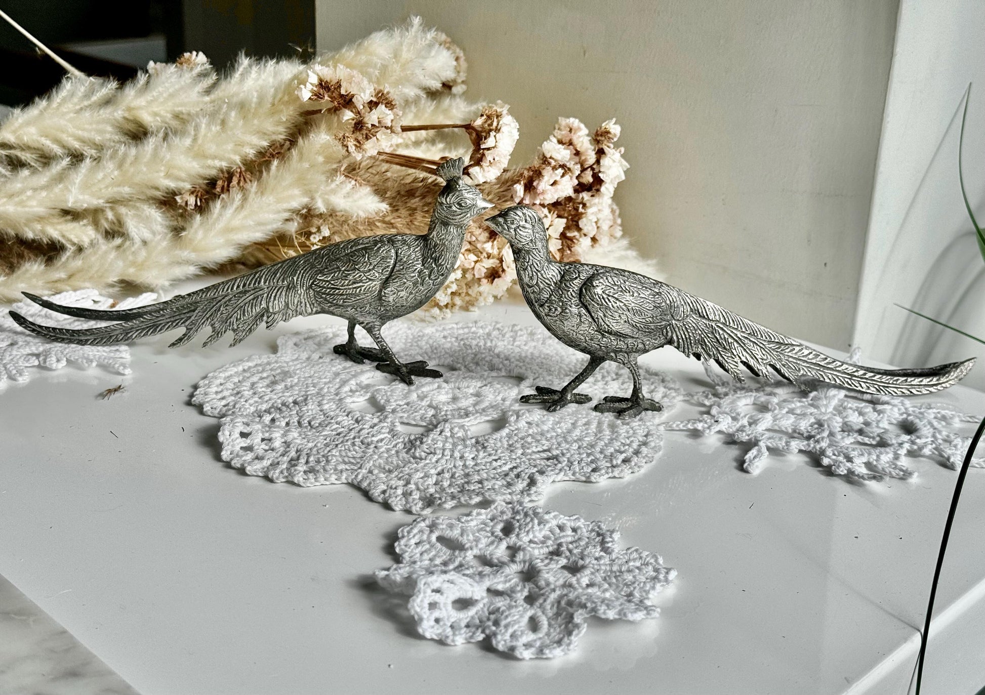 Vintage Large Centerpiece Silver Plated Pheasants, Vintage Metal Countryside Birds, Silver Farm Bird Statues, Table or Fireplace Centerpiece