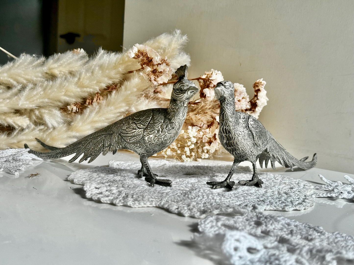 Vintage Large Centerpiece Silver Plated Pheasants, Vintage Metal Countryside Birds, Silver Farm Bird Statues, Table or Fireplace Centerpiece