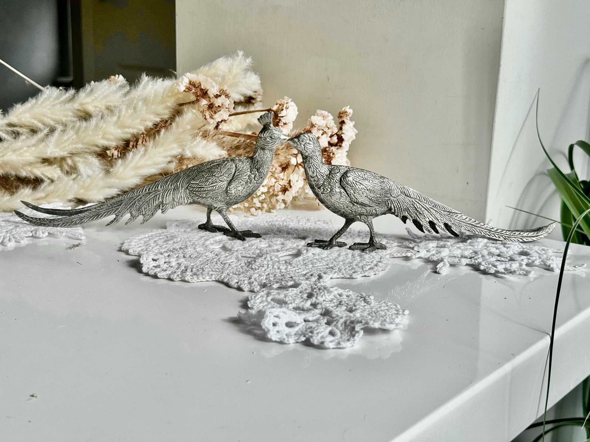 Vintage Large Centerpiece Silver Plated Pheasants, Vintage Metal Countryside Birds, Silver Farm Bird Statues, Table or Fireplace Centerpiece