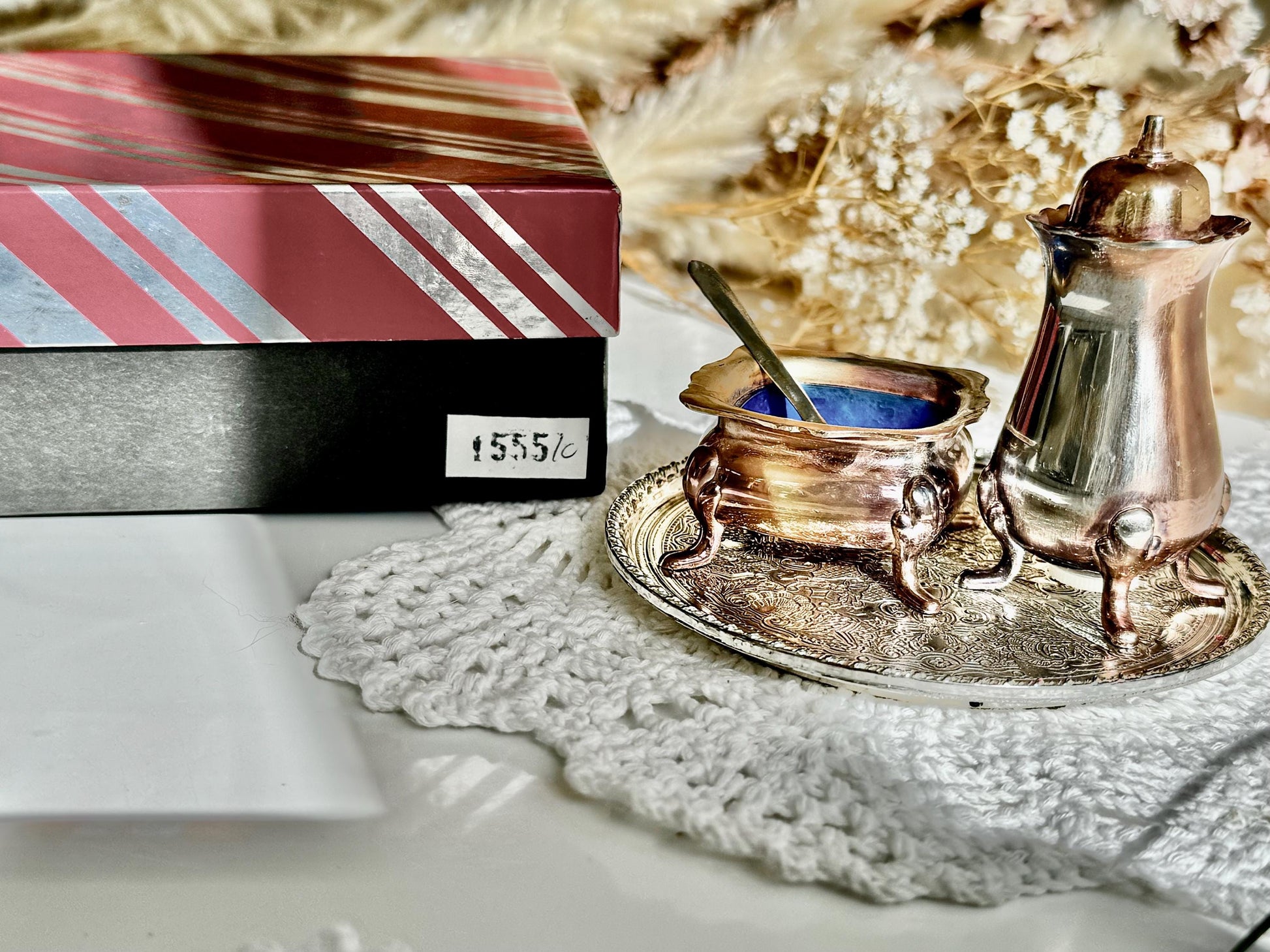 Vintage Grenadier Silversmiths 4 Piece Set plated salt and pepper shakers on a matching tray in original box, made in England