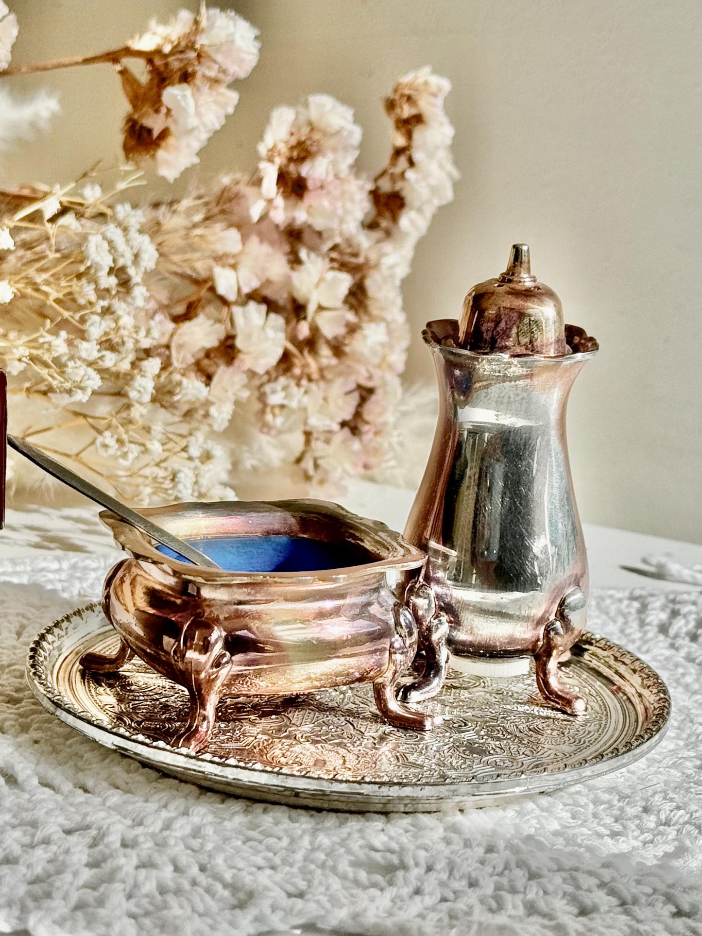 Vintage Grenadier Silversmiths 4 Piece Set plated salt and pepper shakers on a matching tray in original box, made in England