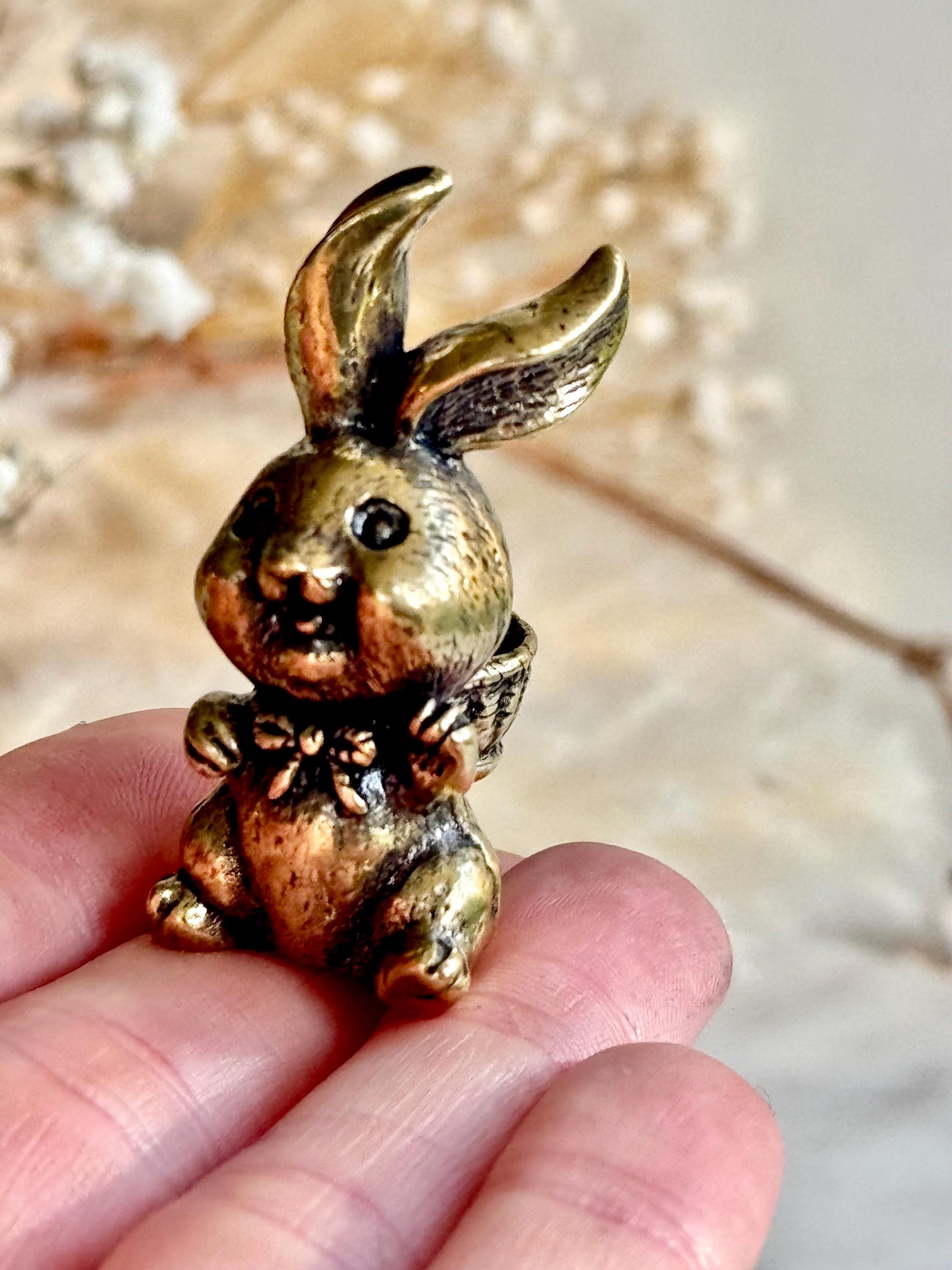 Solid Brass Happy Bunny Figurine, Lifelike Rabbit Sculpture, Cute Bunny Ornament, Collectible Rabbit with Basket, funny Animal Gift