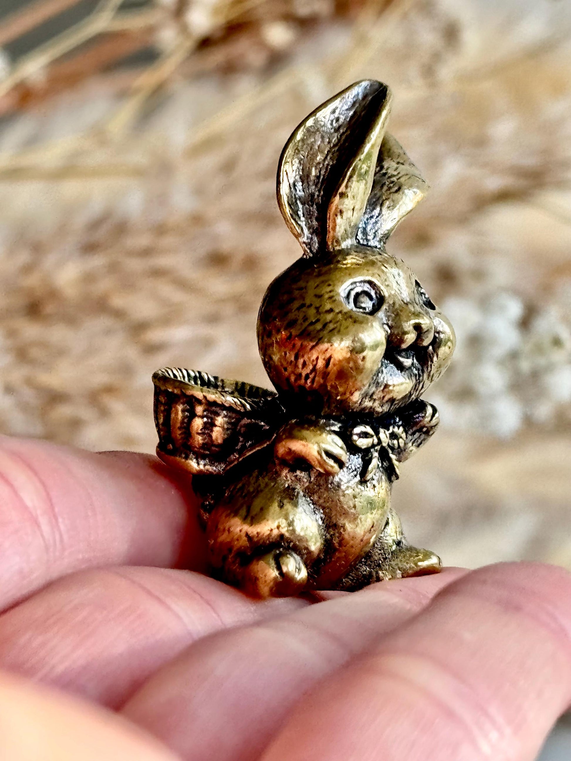 Solid Brass Happy Bunny Figurine, Lifelike Rabbit Sculpture, Cute Bunny Ornament, Collectible Rabbit with Basket, funny Animal Gift