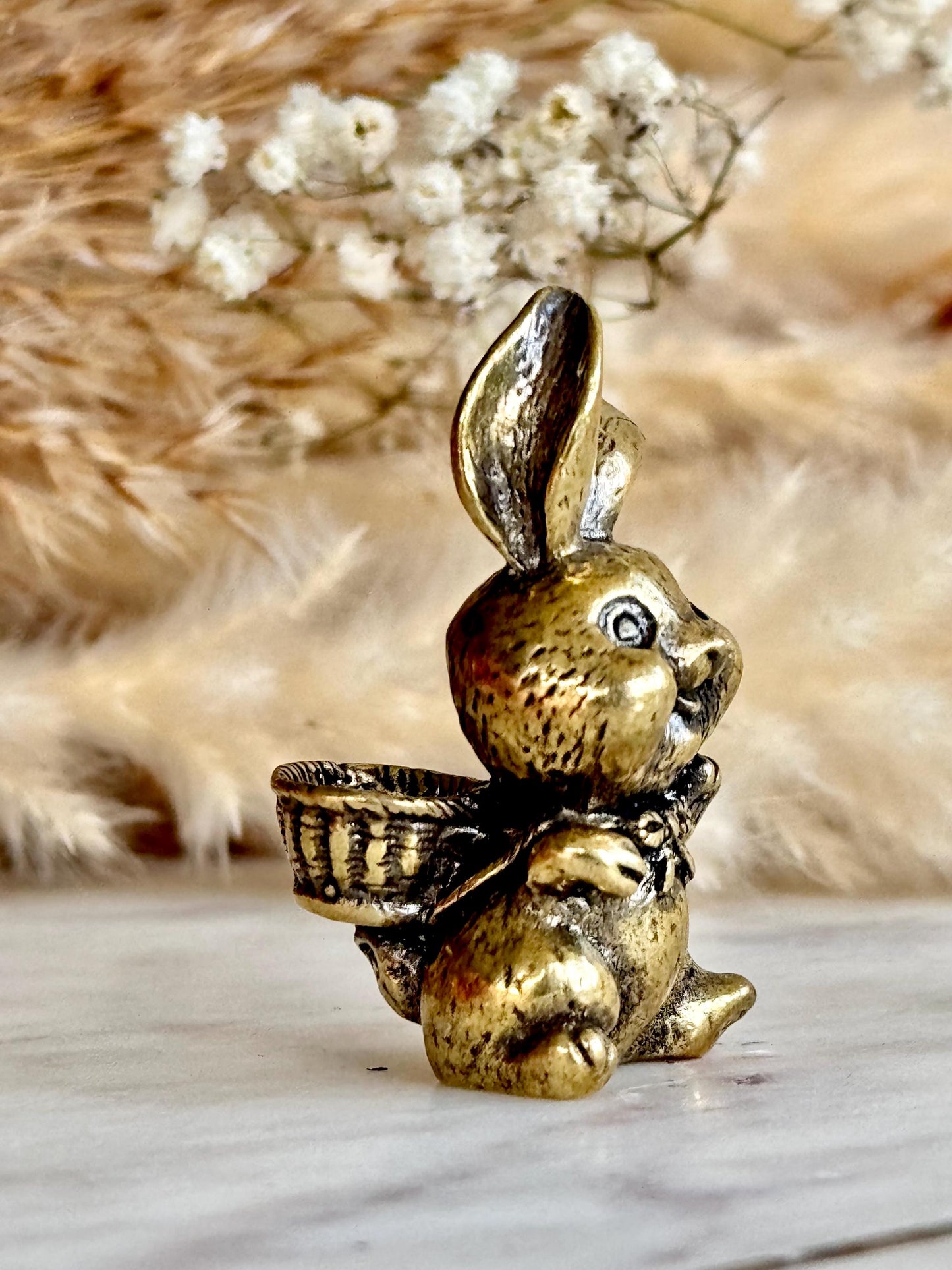Solid Brass Happy Bunny Figurine, Lifelike Rabbit Sculpture, Cute Bunny Ornament, Collectible Rabbit with Basket, funny Animal Gift