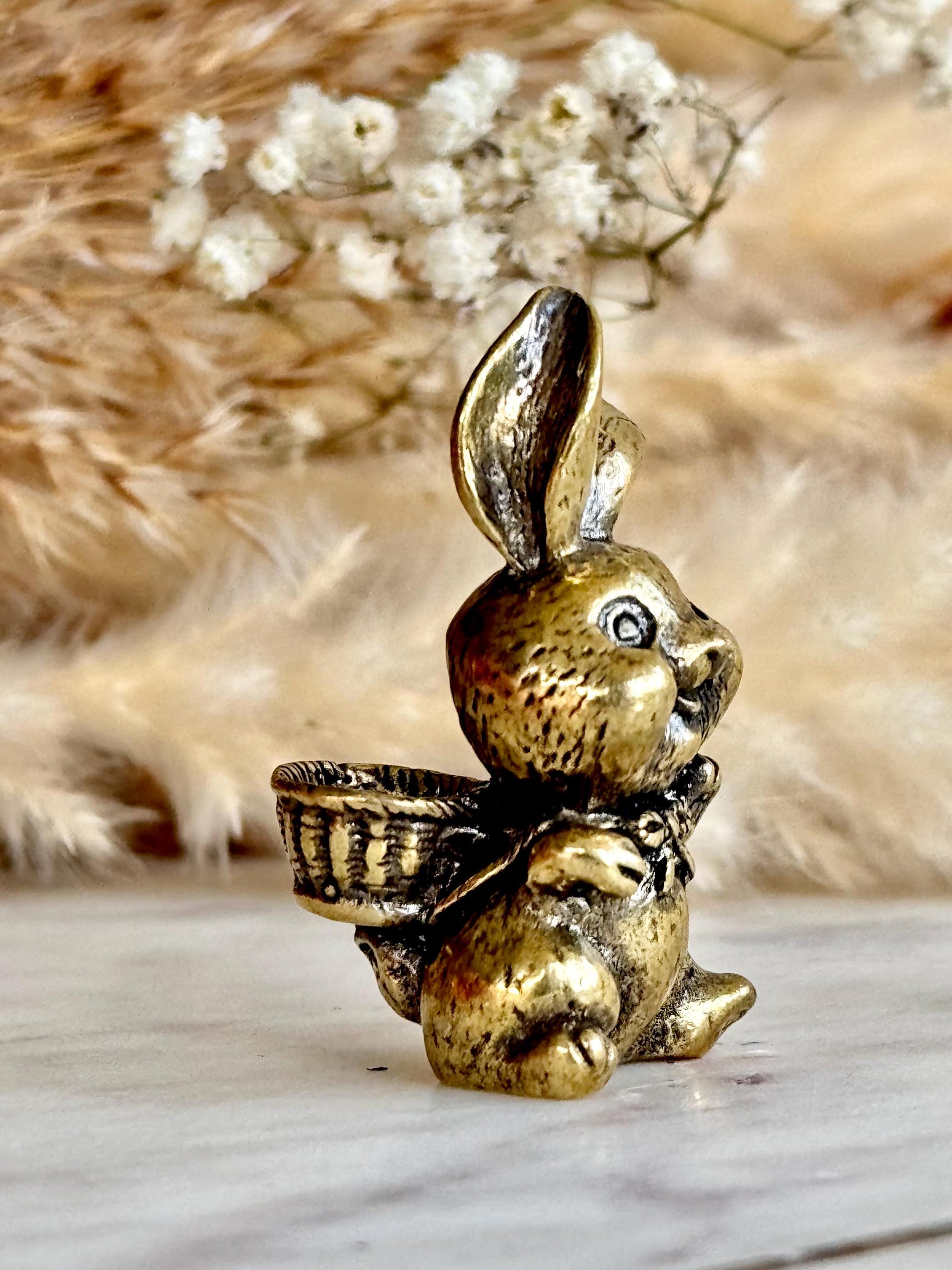 Solid Brass Happy Bunny Figurine, Lifelike Rabbit Sculpture, Cute Bunny Ornament, Collectible Rabbit with Basket, funny Animal Gift