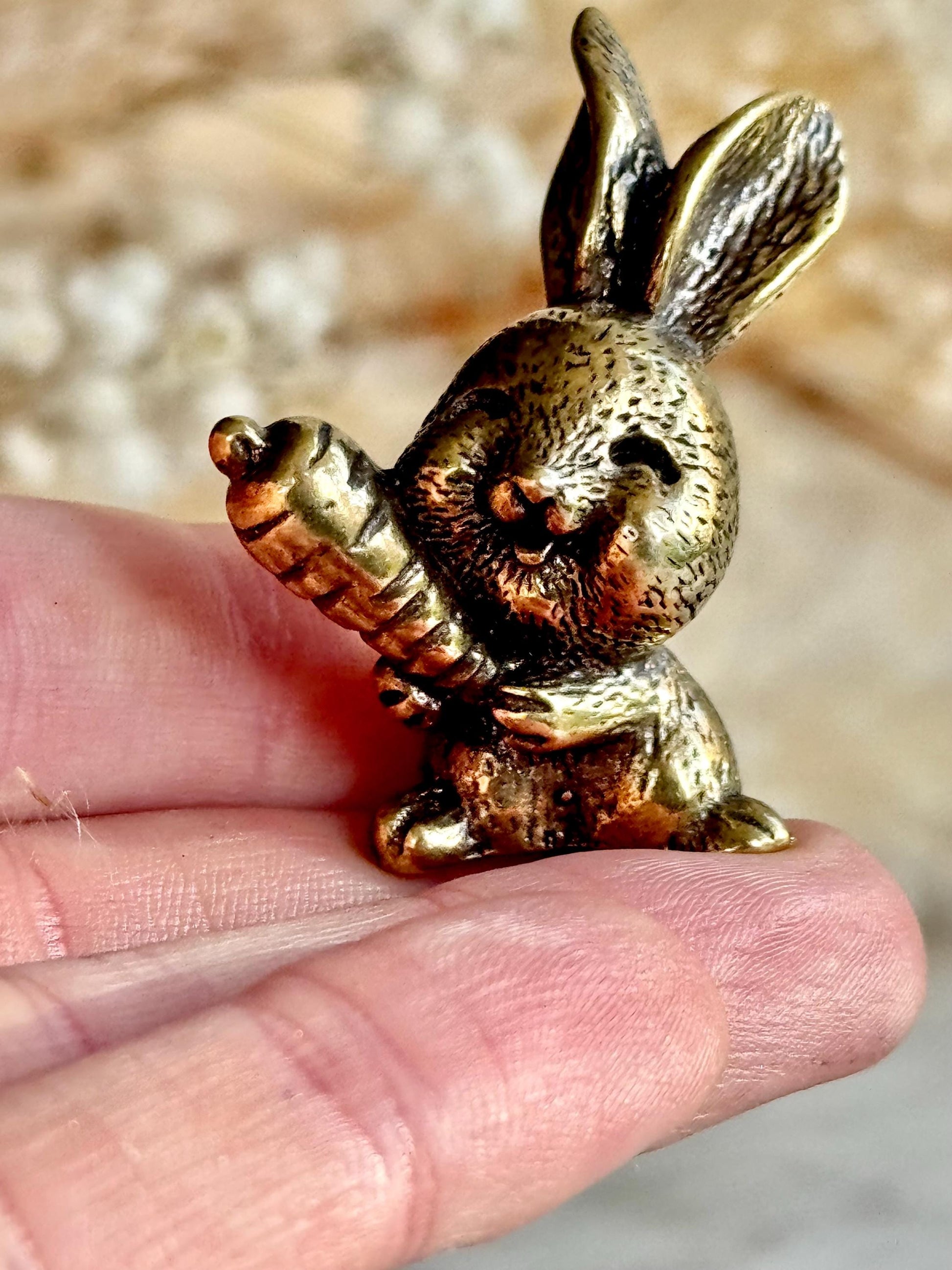 Solid Brass Happy Bunny Figurine, Lifelike Rabbit Sculpture, Cute Bunny Ornament, Collectible Rabbit with Basket, cute Animal Gift