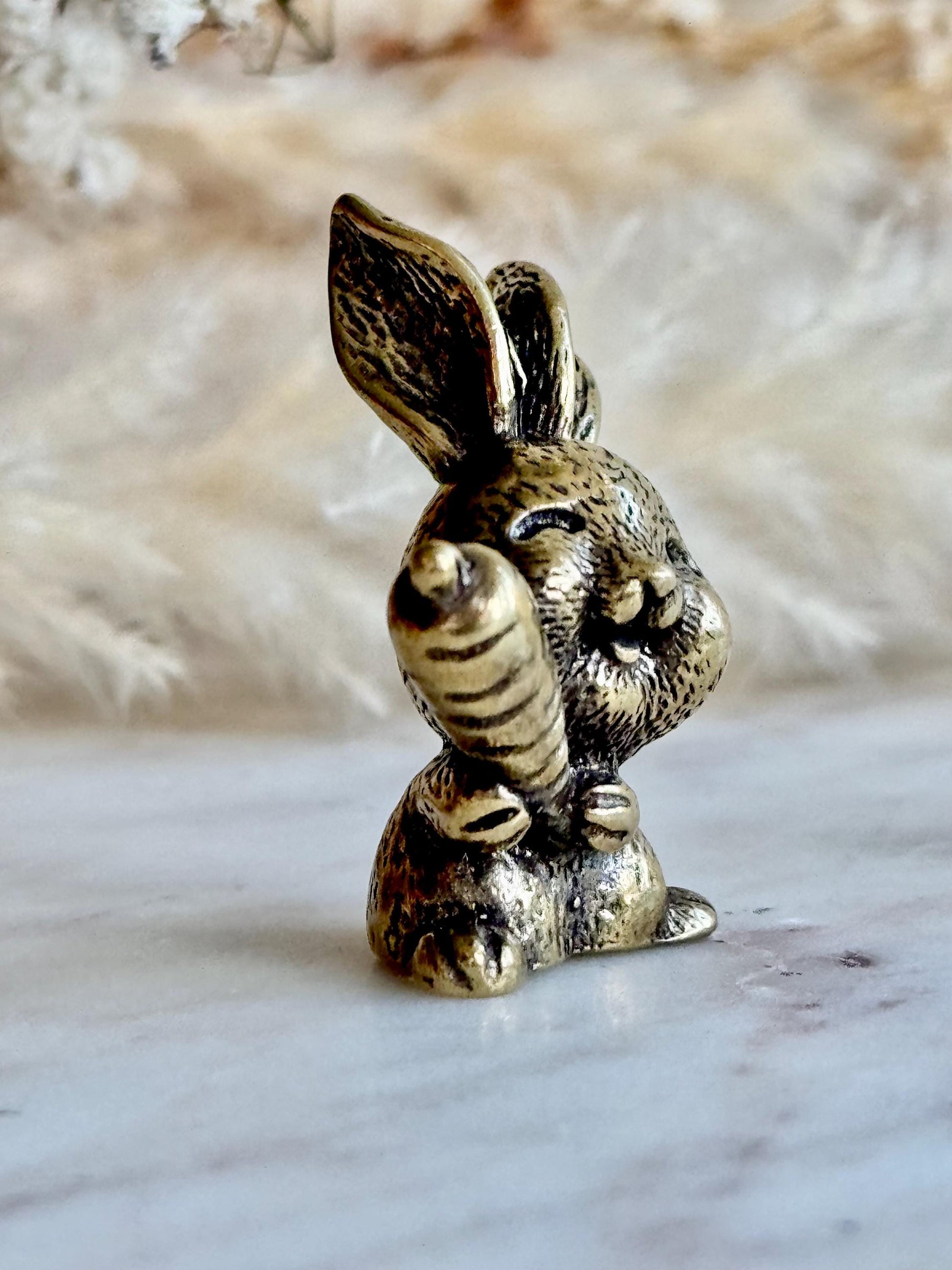 Solid Brass Happy Bunny Figurine, Lifelike Rabbit Sculpture, Cute Bunny Ornament, Collectible Rabbit with Basket, cute Animal Gift