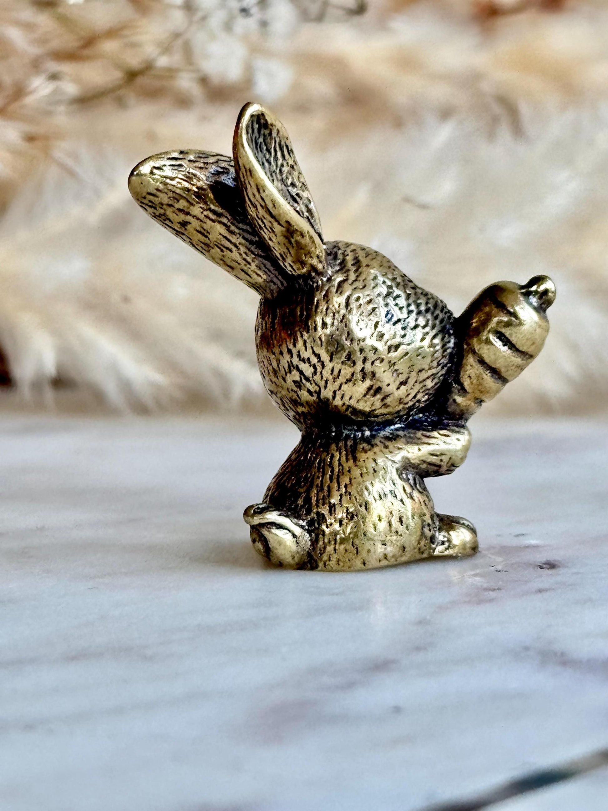 Solid Brass Happy Bunny Figurine, Lifelike Rabbit Sculpture, Cute Bunny Ornament, Collectible Rabbit with Basket, cute Animal Gift