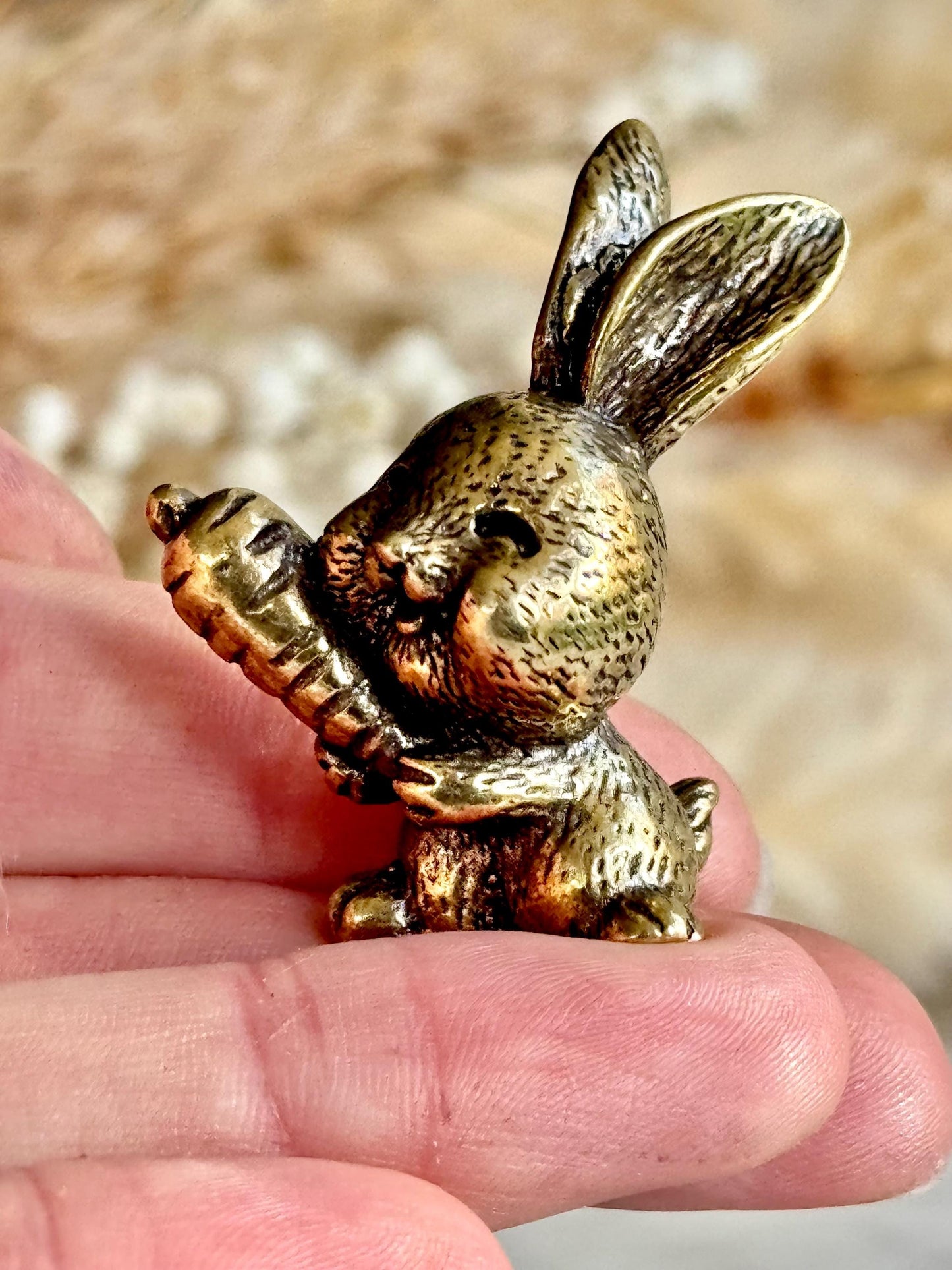 Solid Brass Happy Bunny Figurine, Lifelike Rabbit Sculpture, Cute Bunny Ornament, Collectible Rabbit with Basket, cute Animal Gift