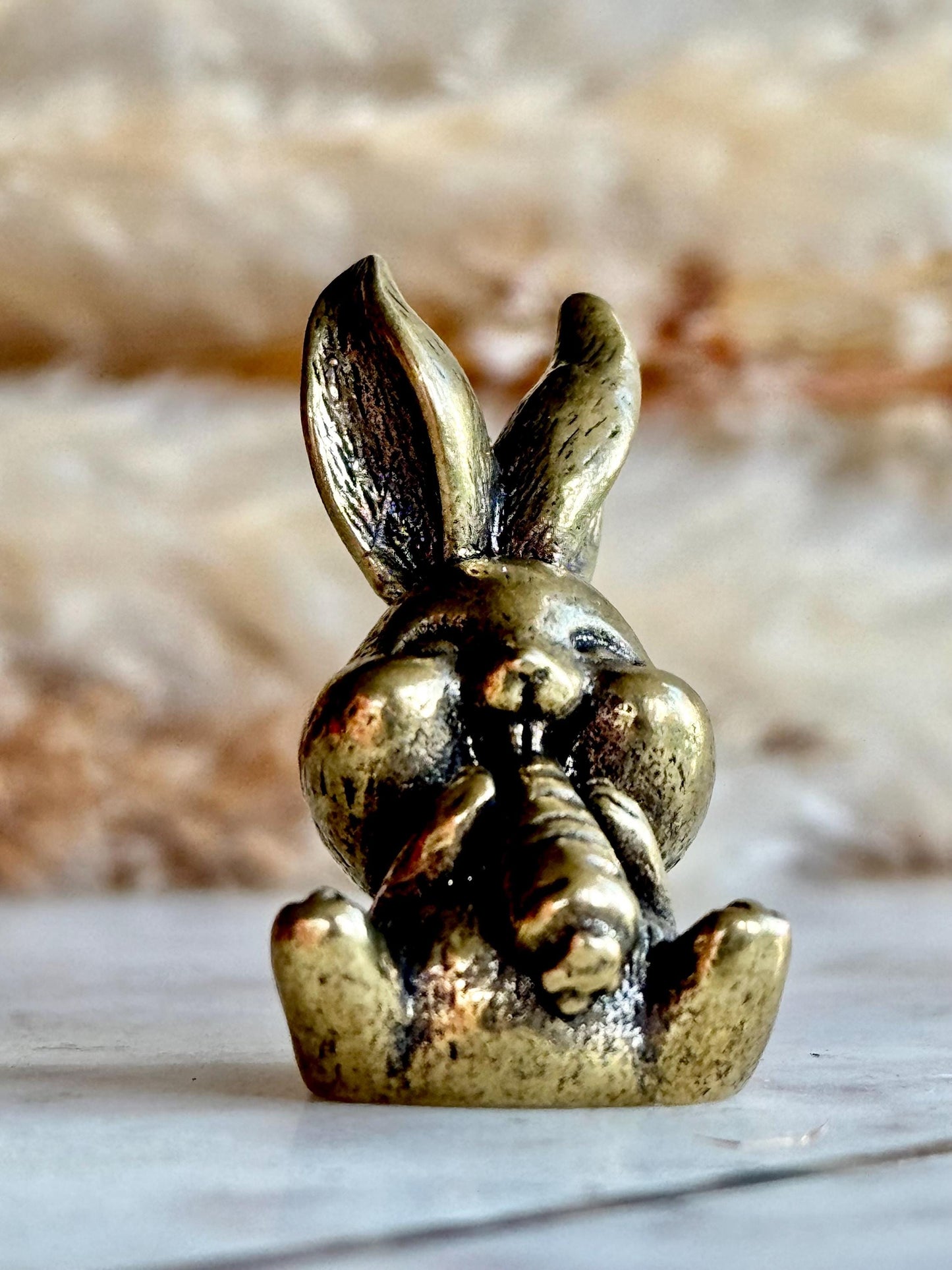 Solid Brass Happy Bunny Figurine, Lifelike Rabbit Sculpture, Cute Bunny Ornament, Collectible Rabbit with Basket, cute Animal Gift