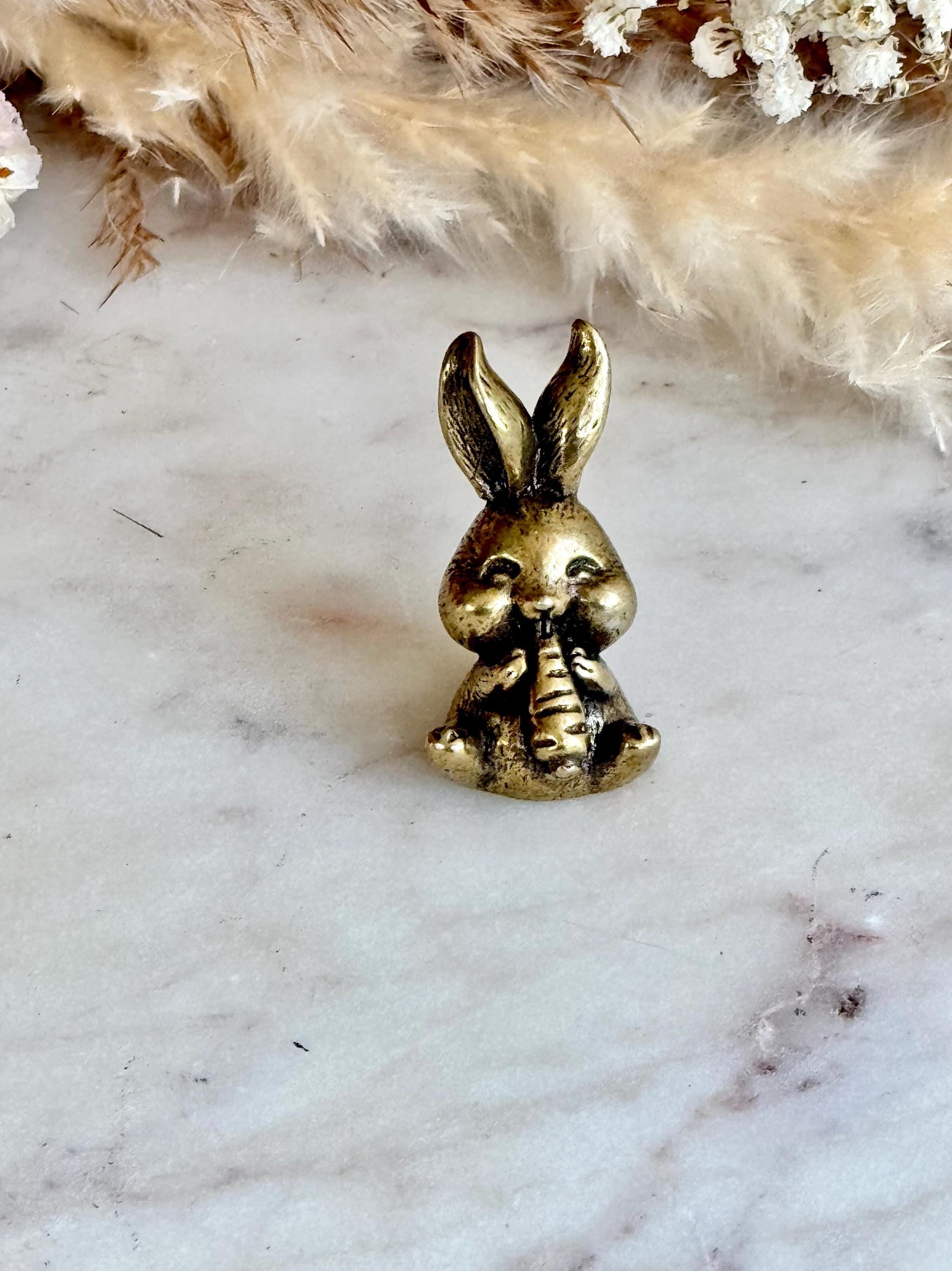 Solid Brass Happy Bunny Figurine, Lifelike Rabbit Sculpture, Cute Bunny Ornament, Collectible Rabbit with Basket, cute Animal Gift