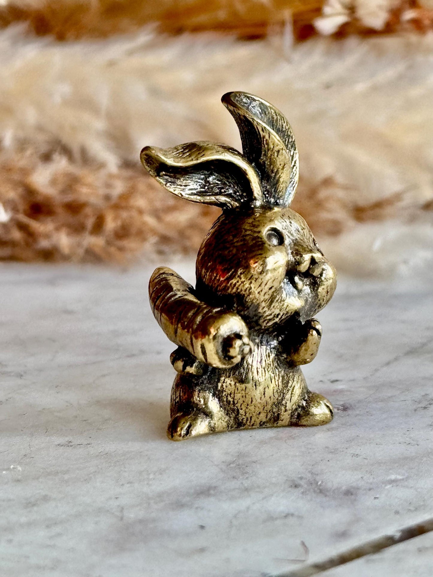 Solid Brass Happy Bunny Figurine, Lifelike Rabbit Sculpture, Cute Bunny Ornament, Collectible Rabbit with Basket, adorable Animal Gift