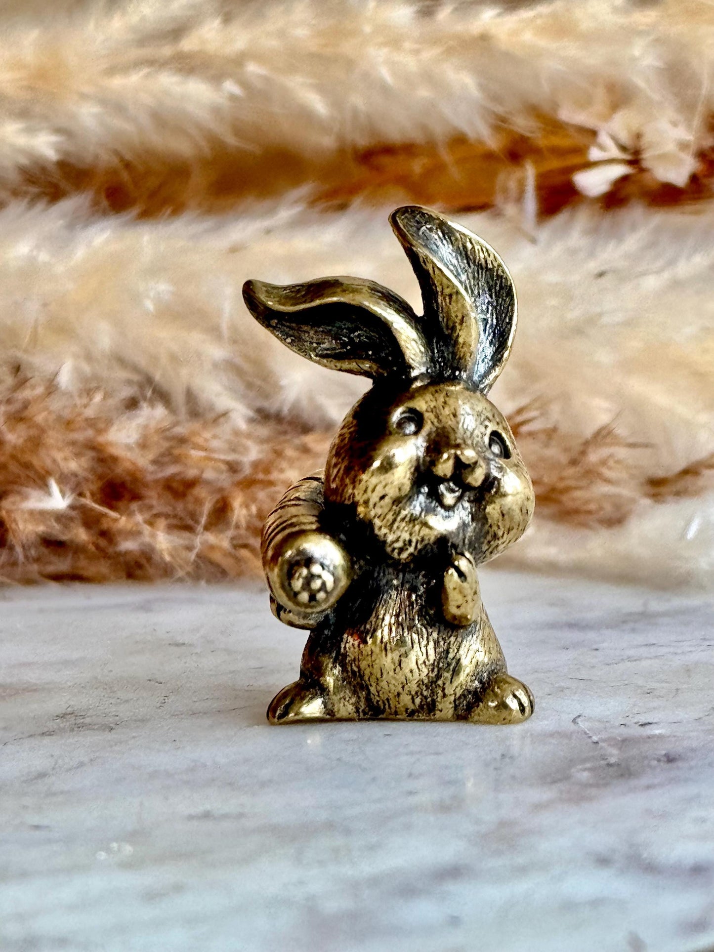 Solid Brass Happy Bunny Figurine, Lifelike Rabbit Sculpture, Cute Bunny Ornament, Collectible Rabbit with Basket, adorable Animal Gift