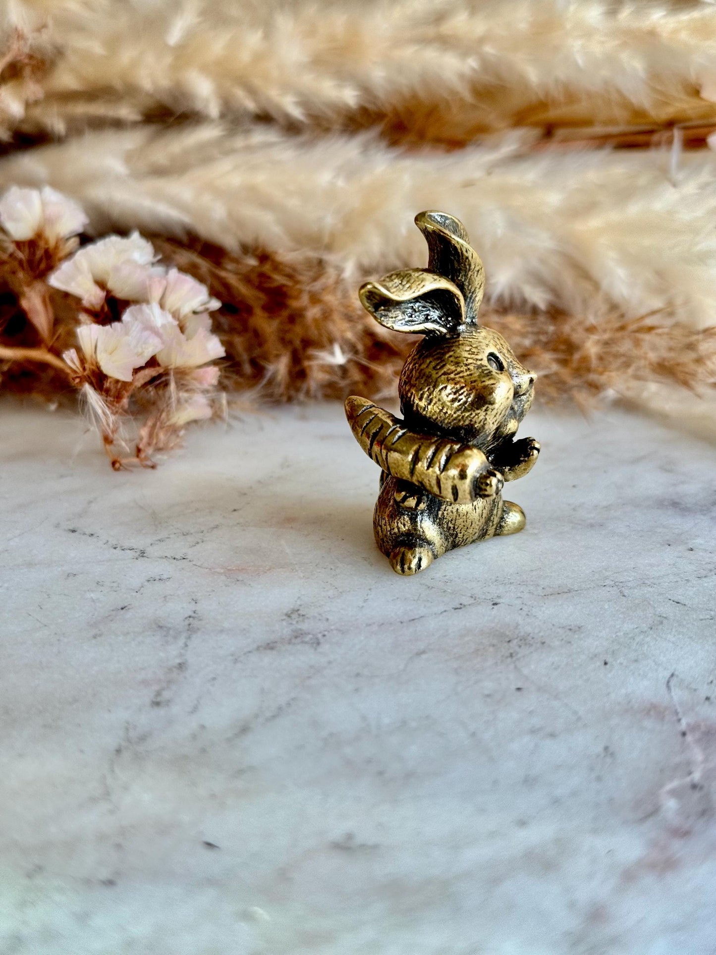 Solid Brass Happy Bunny Figurine, Lifelike Rabbit Sculpture, Cute Bunny Ornament, Collectible Rabbit with Basket, adorable Animal Gift