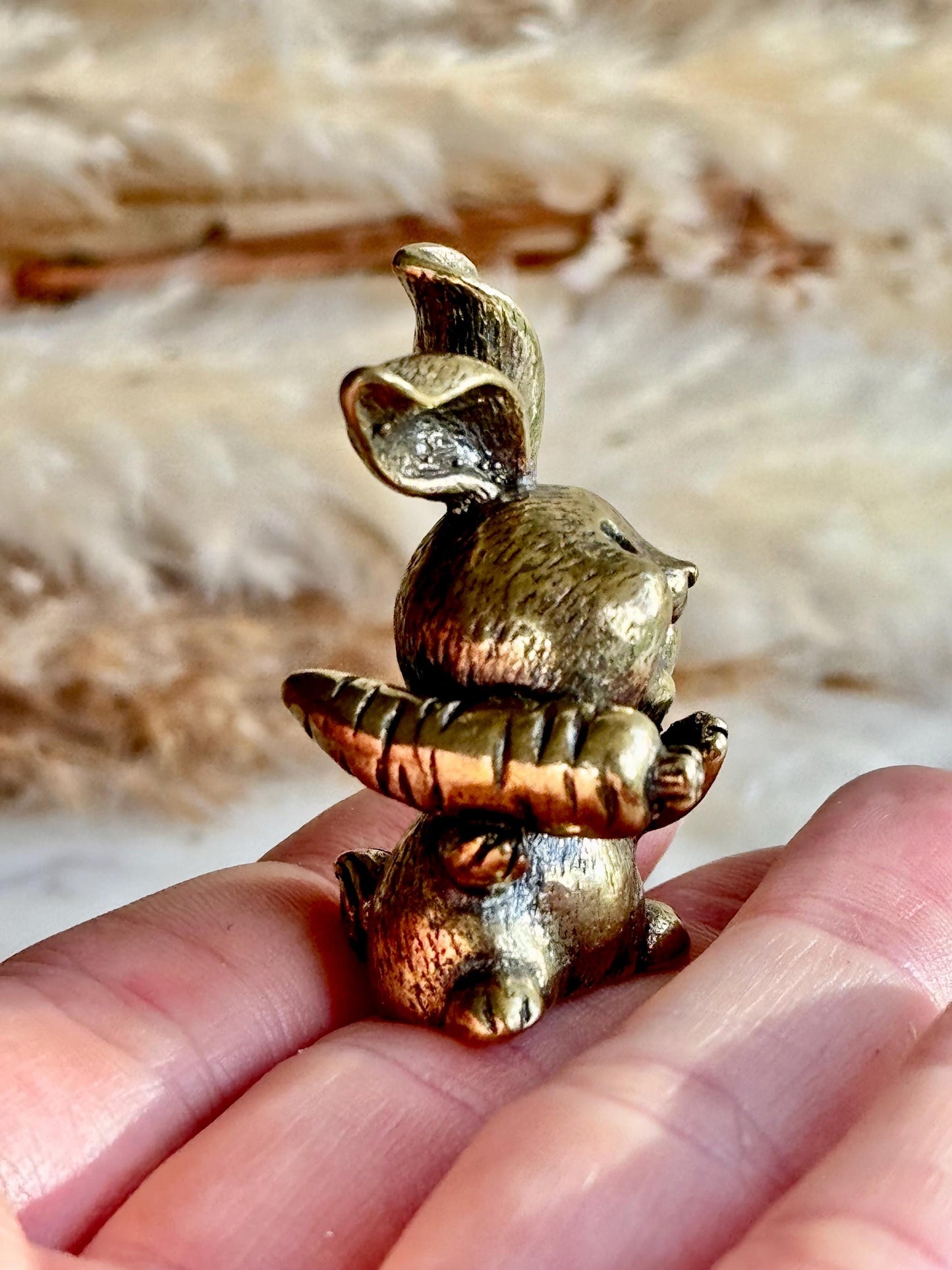 Solid Brass Happy Bunny Figurine, Lifelike Rabbit Sculpture, Cute Bunny Ornament, Collectible Rabbit with Basket, adorable Animal Gift