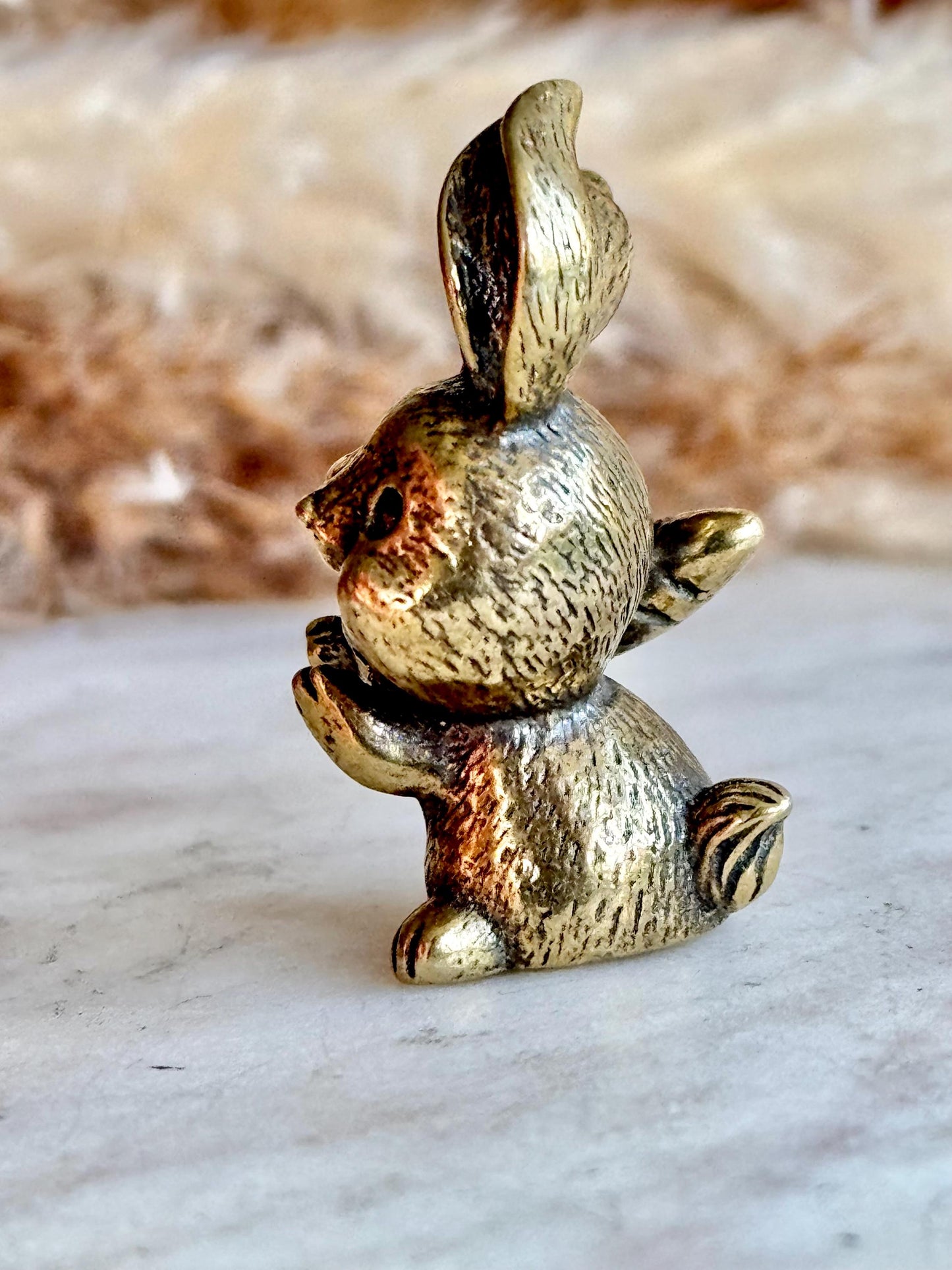 Solid Brass Happy Bunny Figurine, Lifelike Rabbit Sculpture, Cute Bunny Ornament, Collectible Rabbit with Basket, adorable Animal Gift