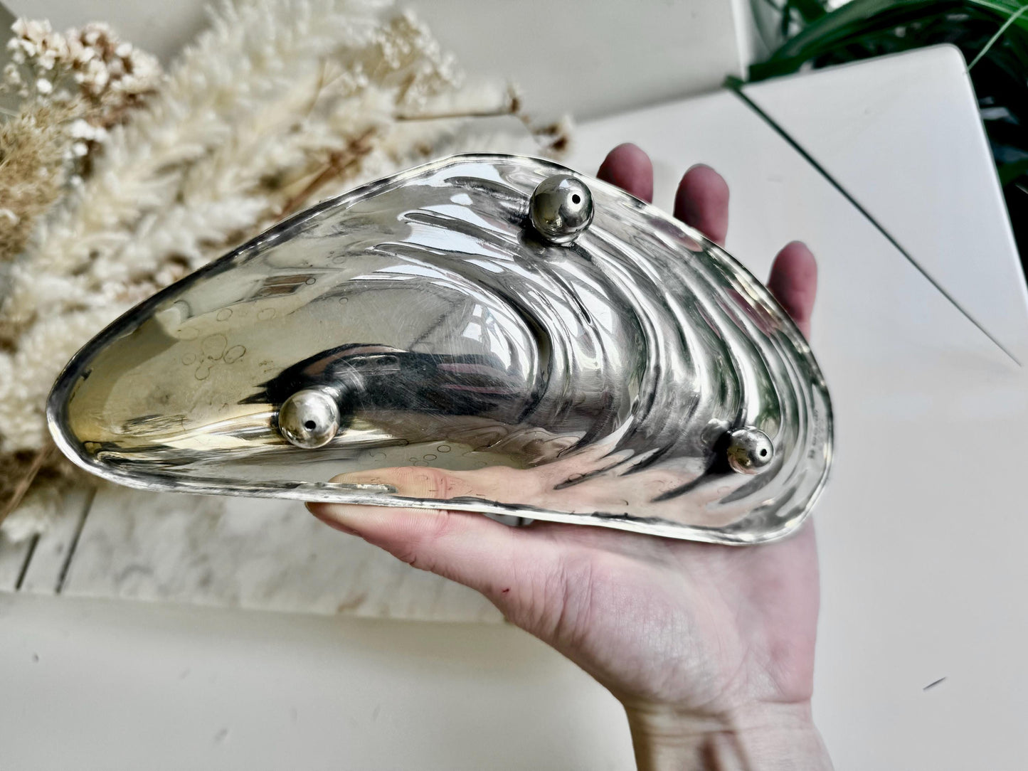 Antique English Silver Plate and Frosted Glass Oyster Shell Pickle Dish, Shell Butter Dish with a Butter Knife