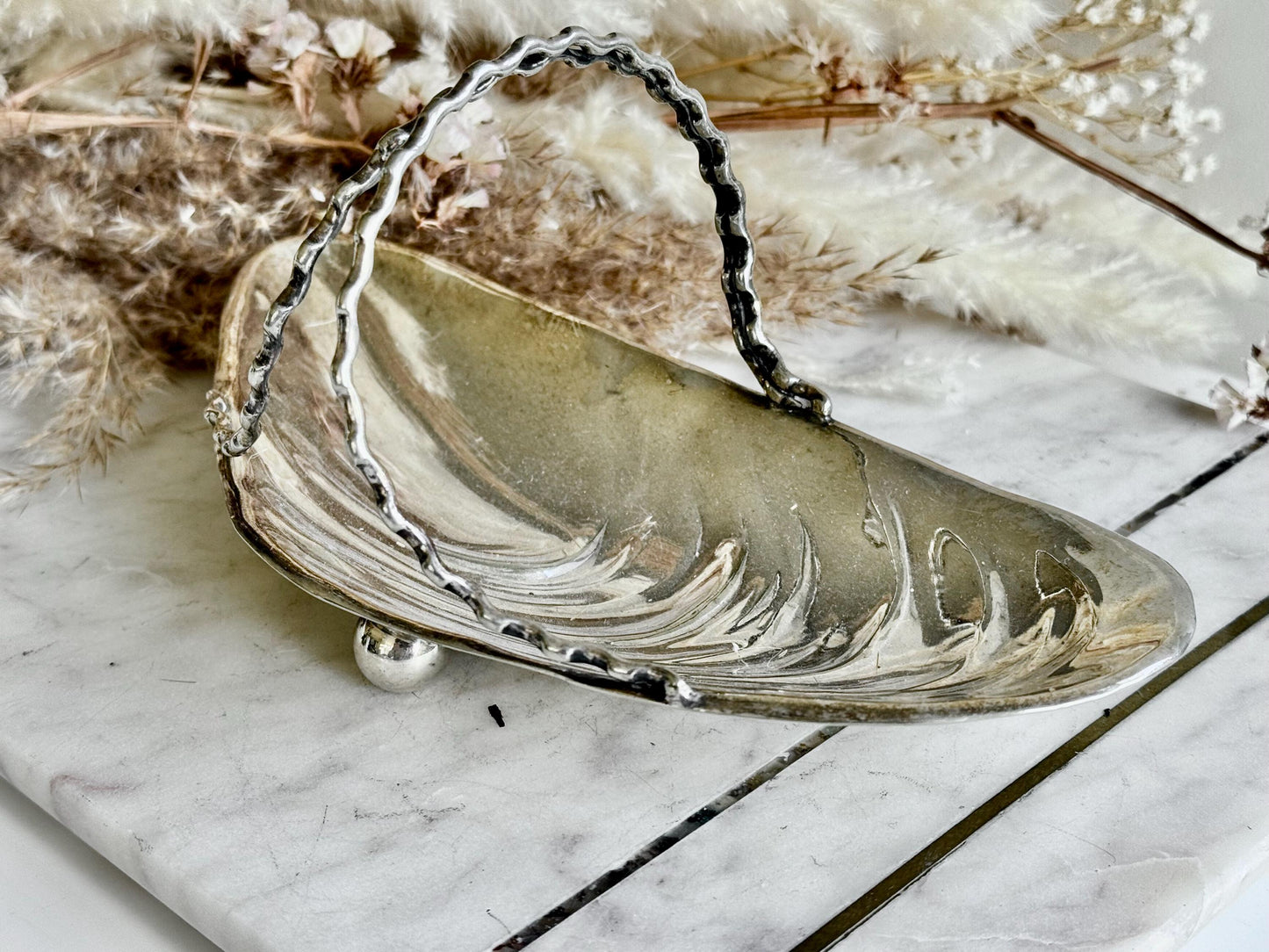 Antique English Silver Plate and Frosted Glass Oyster Shell Pickle Dish, Shell Butter Dish with a Butter Knife