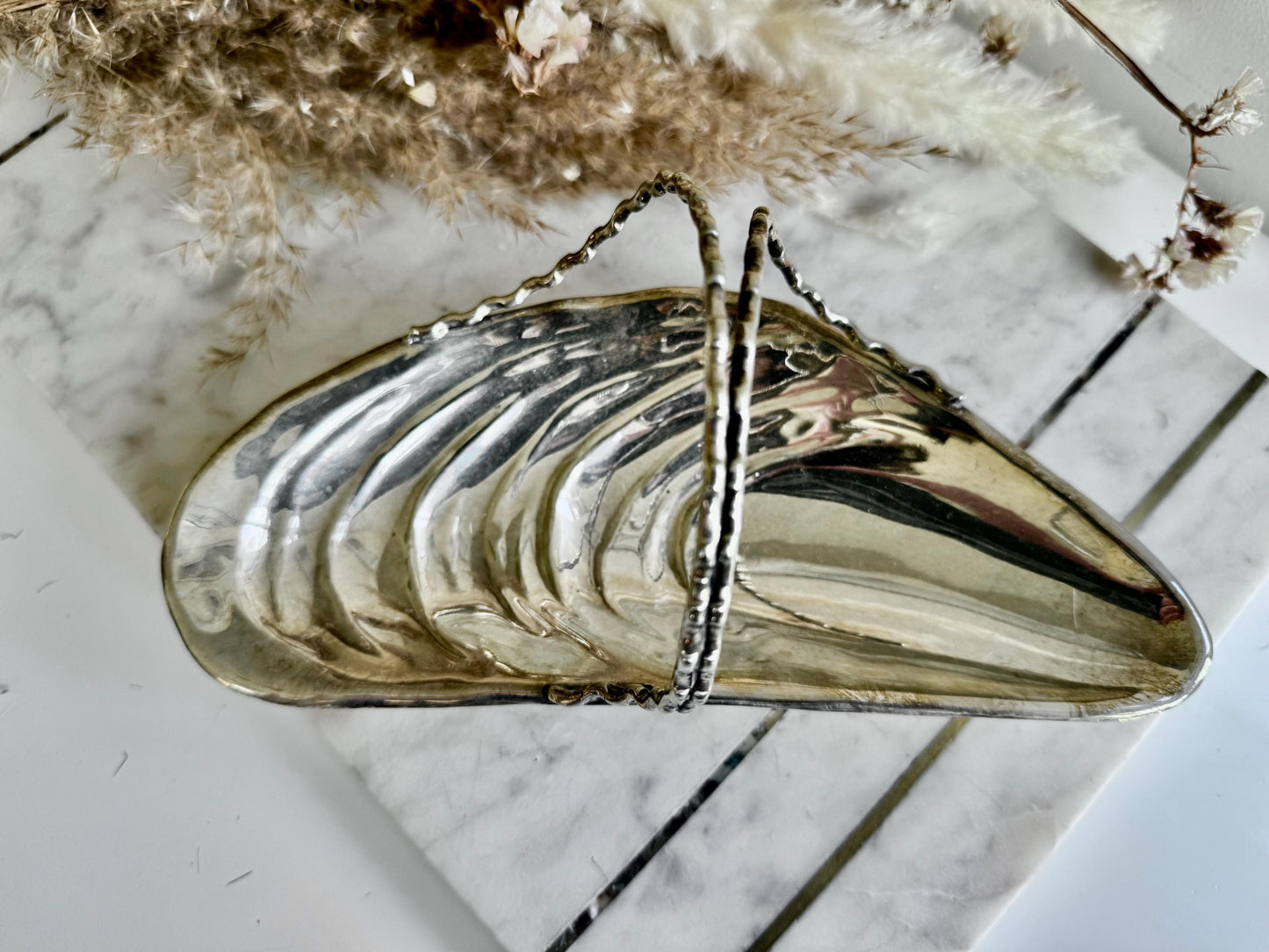 Antique English Silver Plate and Frosted Glass Oyster Shell Pickle Dish, Shell Butter Dish with a Butter Knife