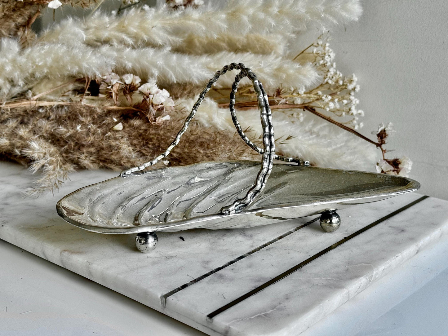 Antique English Silver Plate and Frosted Glass Oyster Shell Pickle Dish, Shell Butter Dish with a Butter Knife