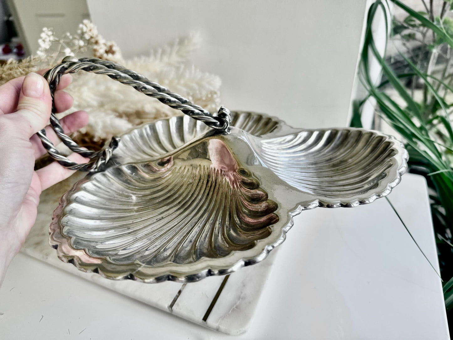 Antique Art Deco silver plate Butter shell Vintage Dish Clam Scallop Shell Bonbon Trinket Silver Plate Double Shell with a Handle