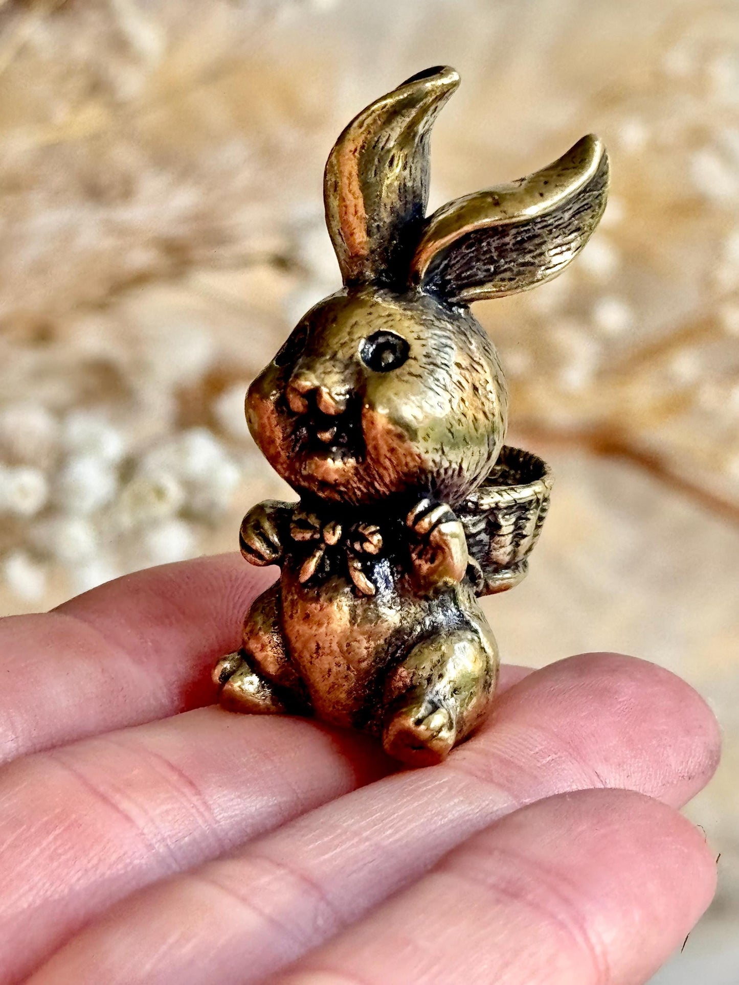 Solid Brass Happy Bunny Figurine, Lifelike Rabbit Sculpture, Cute Bunny Ornament, Collectible Rabbit with Basket, funny Animal Gift