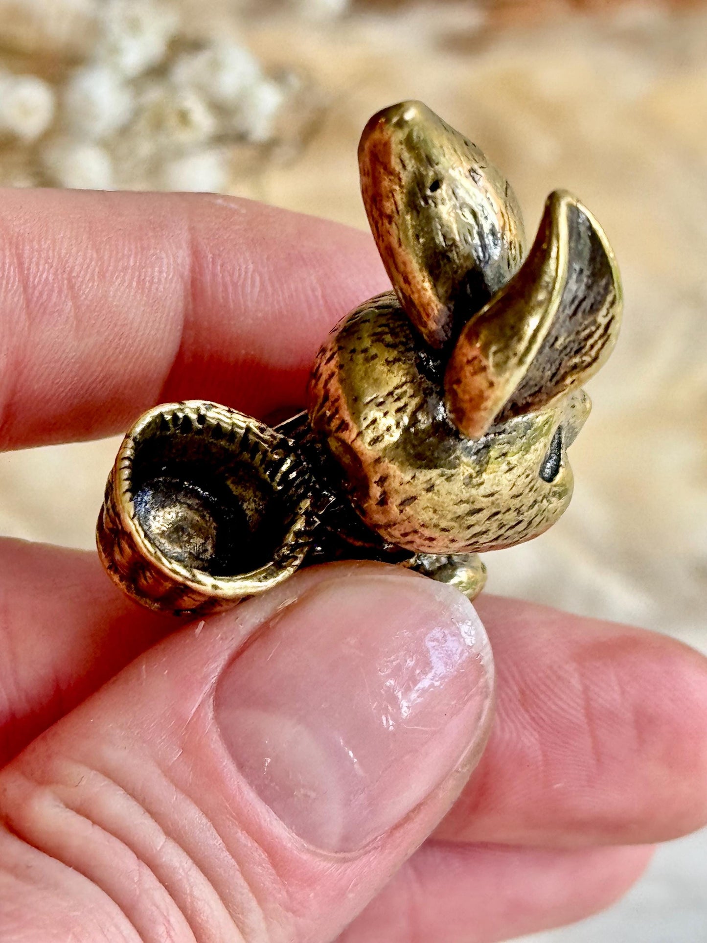 Solid Brass Happy Bunny Figurine, Lifelike Rabbit Sculpture, Cute Bunny Ornament, Collectible Rabbit with Basket, funny Animal Gift