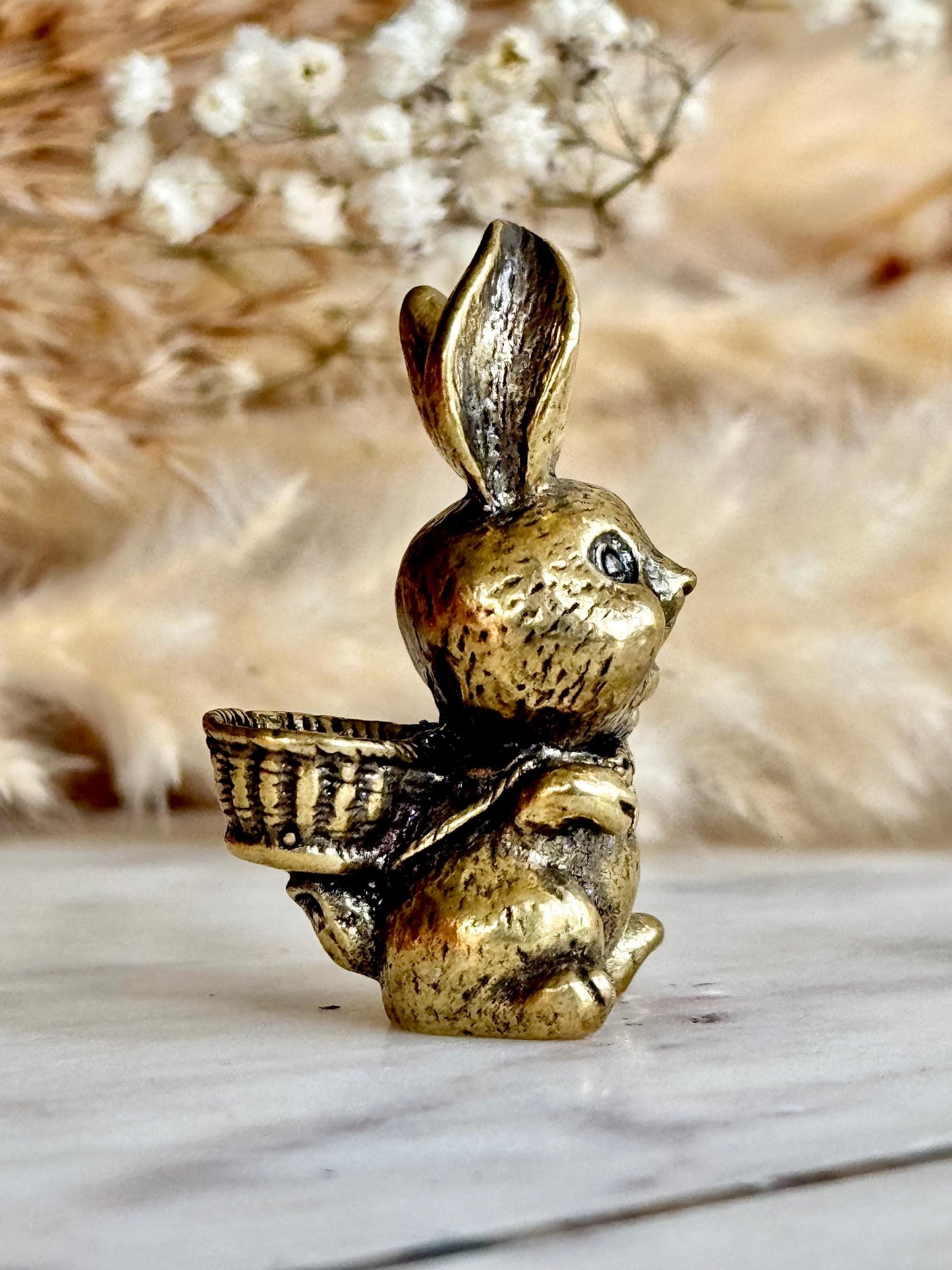 Solid Brass Happy Bunny Figurine, Lifelike Rabbit Sculpture, Cute Bunny Ornament, Collectible Rabbit with Basket, funny Animal Gift